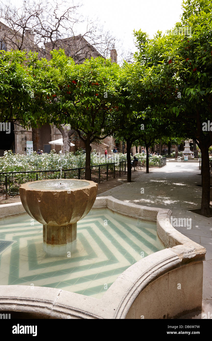 fountain in the courtyard of the National Library of Catalonia Barcelona Catalonia Spain Stock Photo