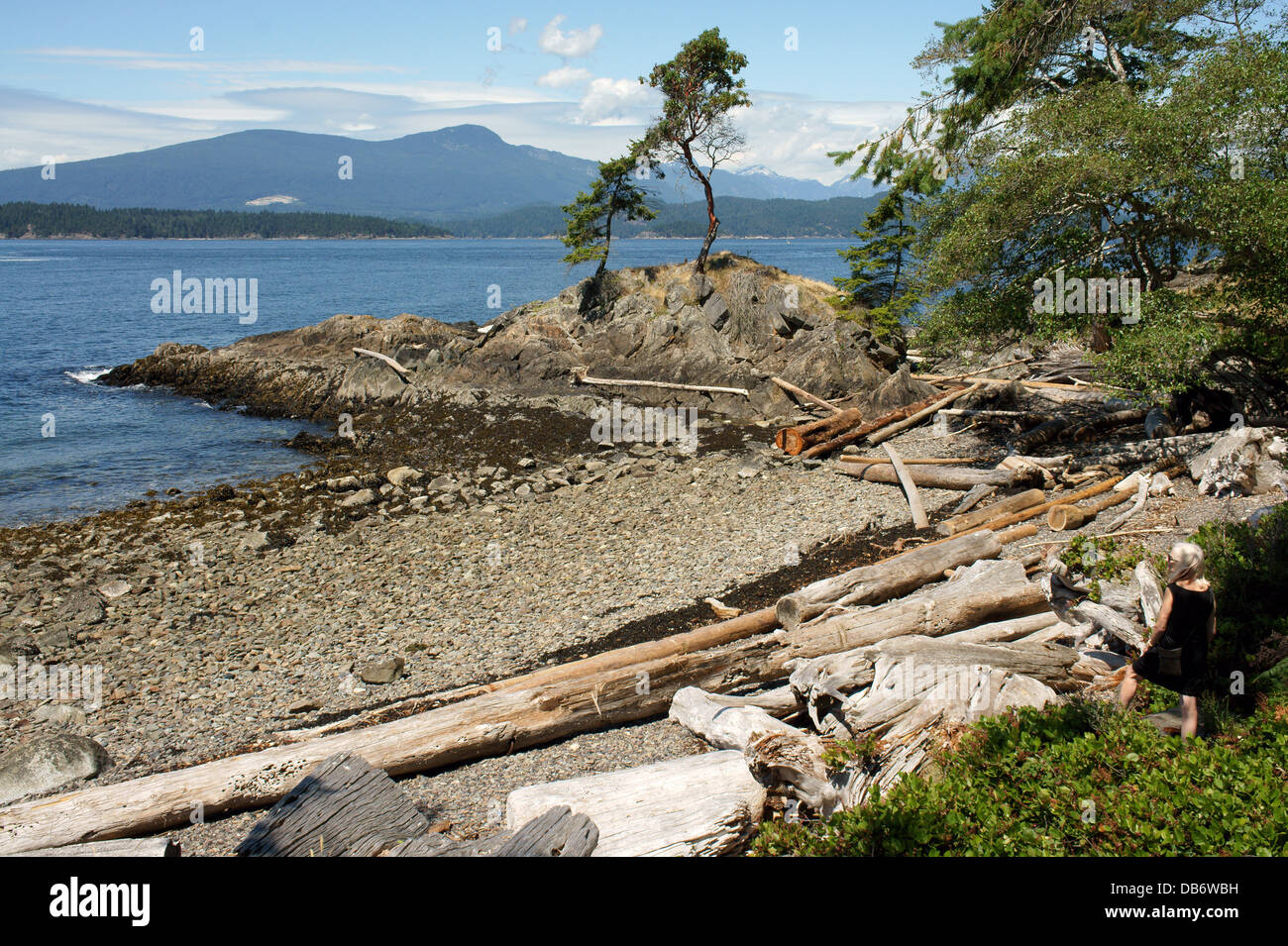 Senior woman enjoying the ocean view from a rocky beach lined with driftwood on Bowen Island, British Columbia, Canada Stock Photo