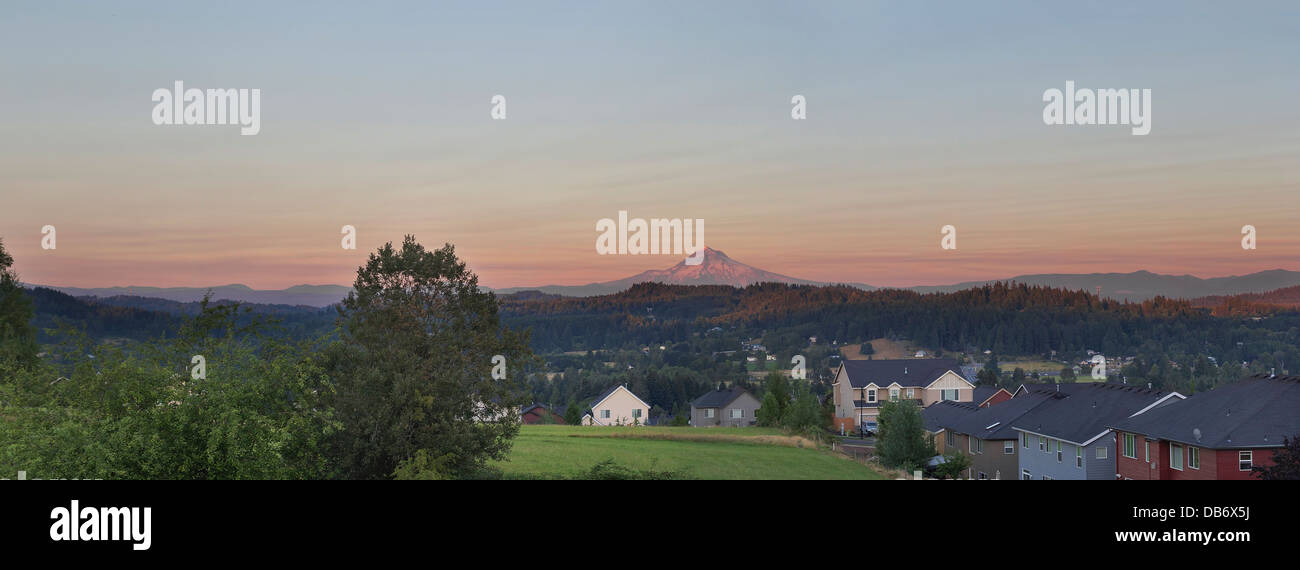 Mount Hood View at Sunset in Oregon Suburbs Housing Neighborhood Panorama Stock Photo