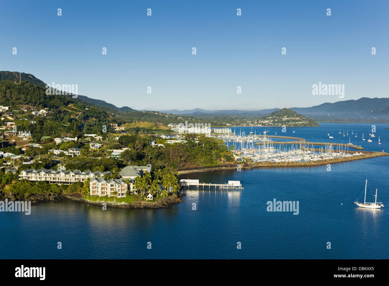 Aerial view of the Coral Sea Resort with Abel Point Marina in background. Airlie Beach, Whitsundays, Queensland, Australia Stock Photo