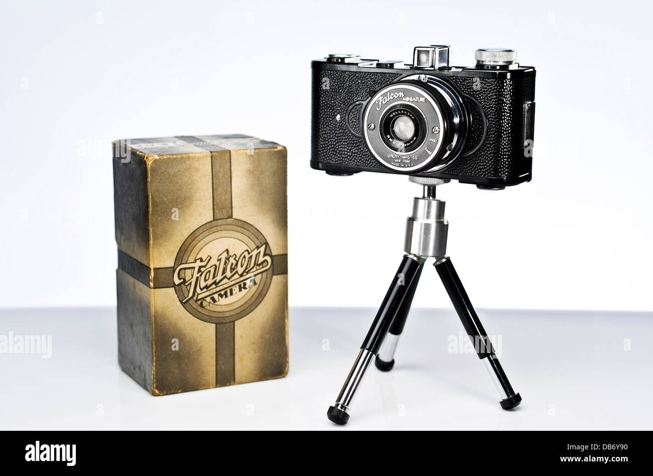 A vintage Falcon Miniature film camera from the 1930's and 1940's shown with original box. Stock Photo