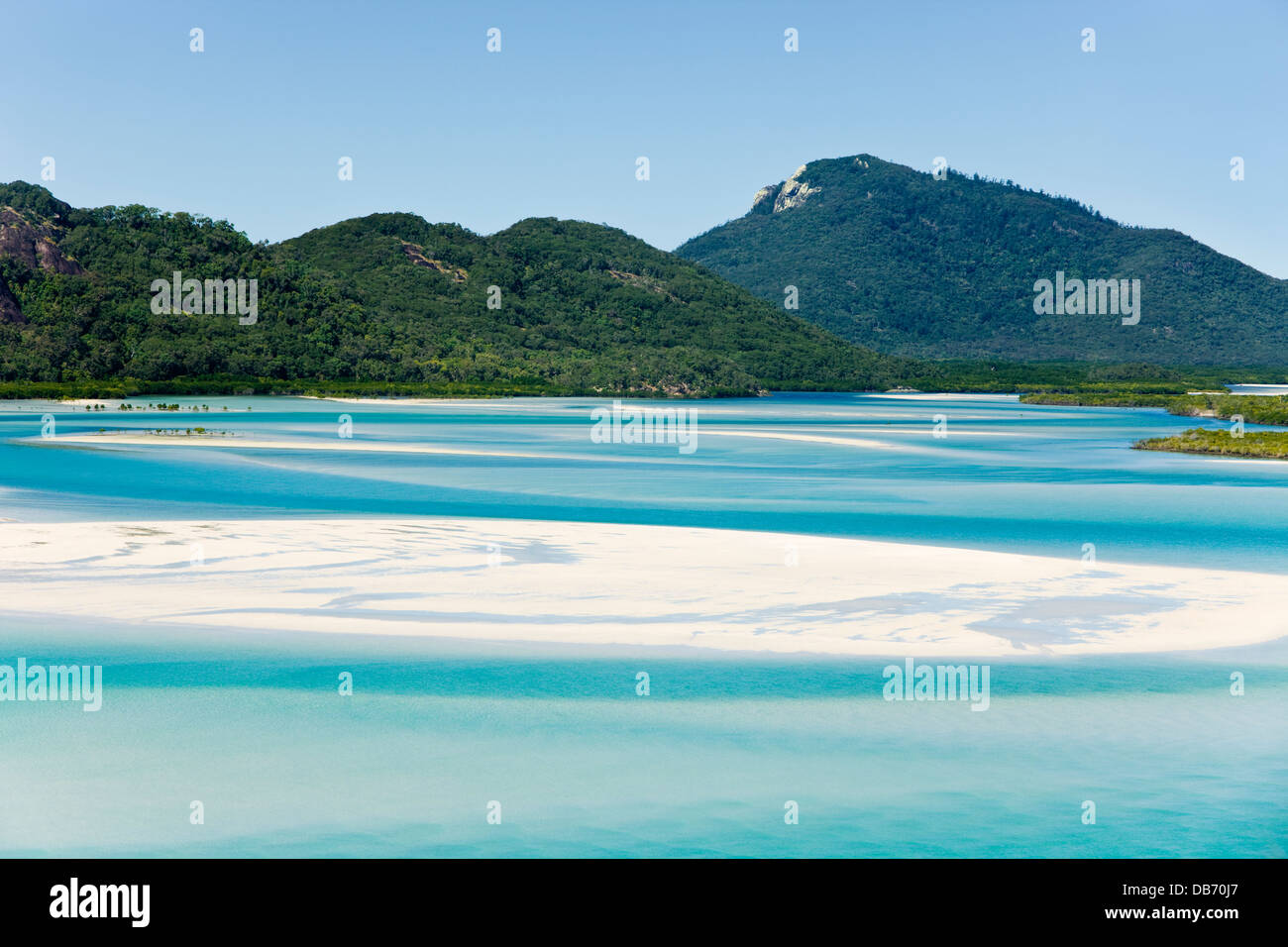 View across the shifting white sands and turquoise waters of Hill Inlet. Whitsunday Island, Whitsundays, Queensland, Australia Stock Photo