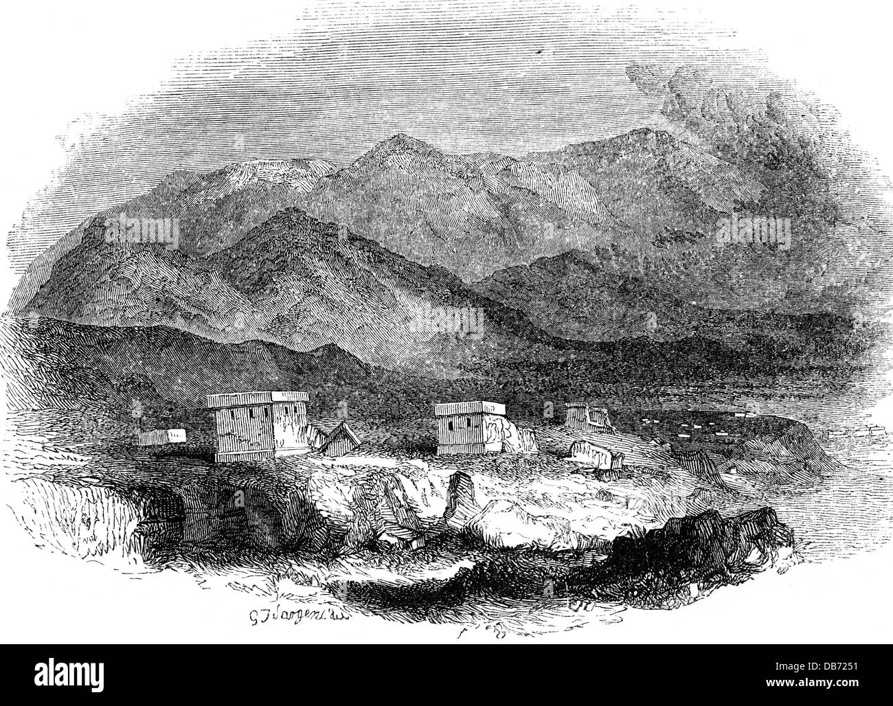 geography / travel, Greece, landscapes, Boeotia, tombs of Plataea and Kithairon mountains, wood engraving after drawing of G. F. Sargent, 1839, Additional-Rights-Clearences-Not Available Stock Photo