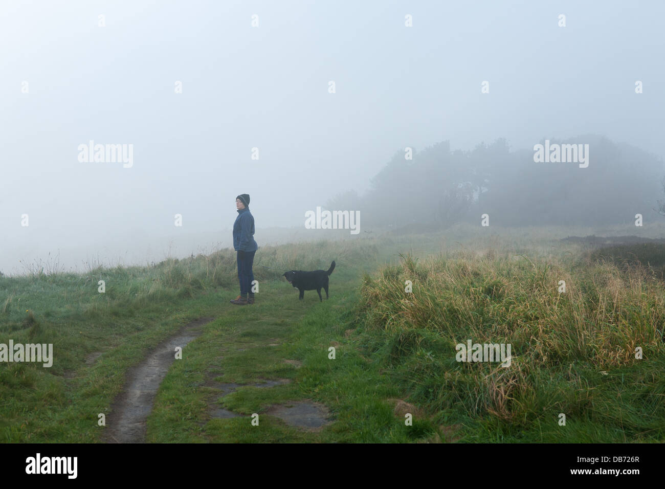 Walker & Dog on a Misty Sutton Bank, North Yorkshire Stock Photo