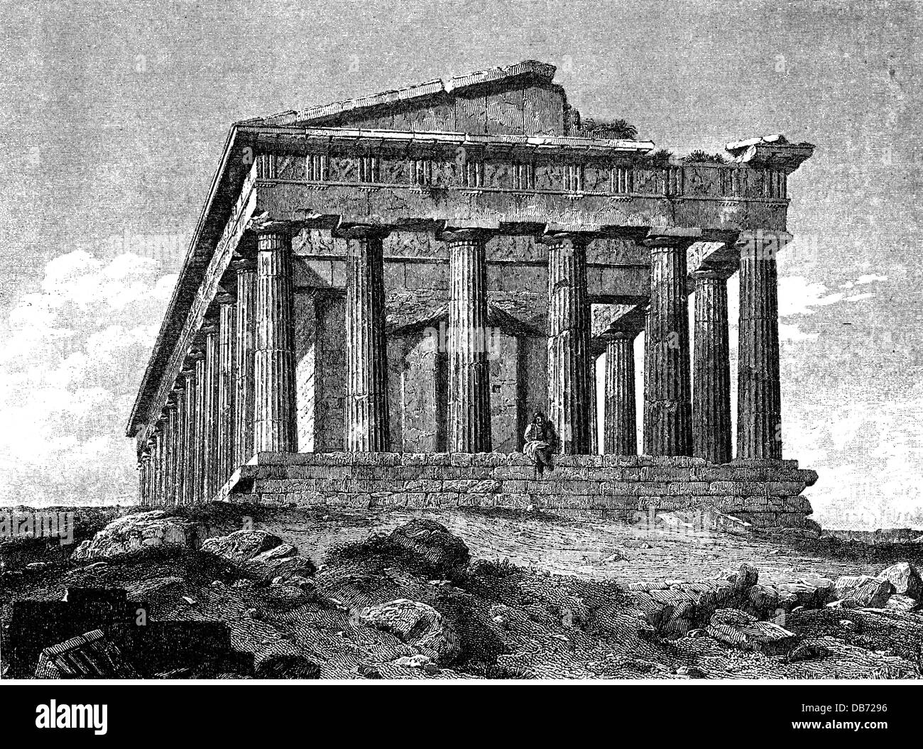 geography / travel, Greece, Athens, temple of the Hephaestus, exterior view, wood engraving, late 19th century, Hephaisteion, Theseion, ruin, ruins, ancient world, ancient times, Europe, Southeast Europe, the Balkans, Balkan Peninsula, historic, historical, ancient world, people, Additional-Rights-Clearences-Not Available Stock Photo