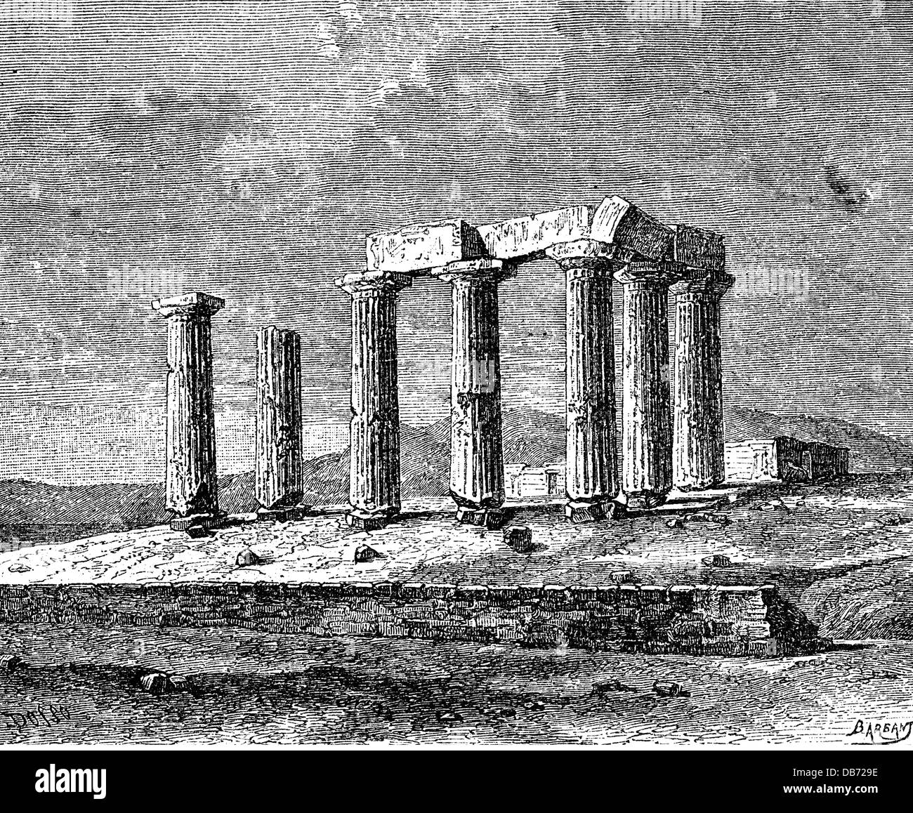 geography / travel, Greece, Corinth, temple of Juno, ruins, wood engraving, late 19th century ruin, ruins, landscape, landscapes, Peloponnese, Peloponnesus, Europe, Southeast Europe, Balkan Peninsula, the Balkans, historic, historical, ancient world, Additional-Rights-Clearences-Not Available Stock Photo