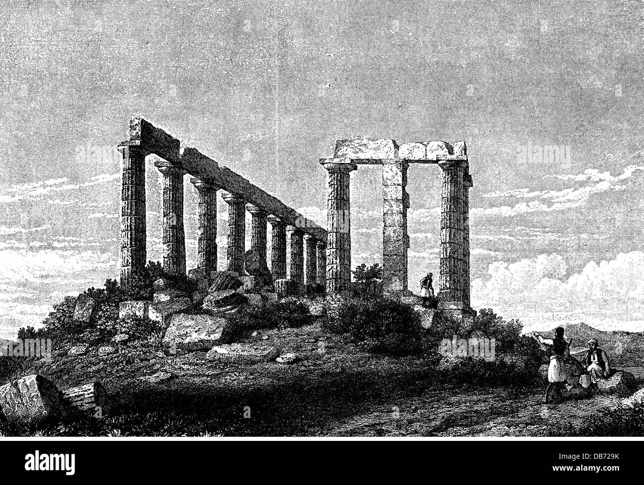 geography / travel, Greece, temple, temple of Poseidon, cape Sounion, view, wood engraving, 2nd half 19th century, ruin, ruins, Attica, landscape, landscapes, people, Europe, Southeast Europe, the Balkans, Balkan Peninsula, historic, historical, ancient world, Additional-Rights-Clearences-Not Available Stock Photo
