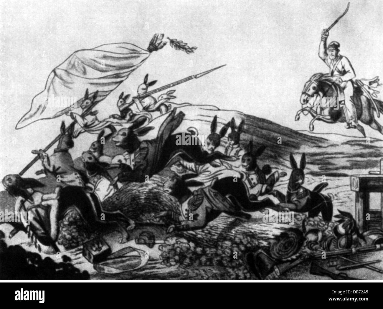 events, War of the Sixth Coalition 1812 - 1814, Russian campaign 1812, retreat of the French Grande Armee, caricature, French rabbits fleeing from a Russian cossack, flight, skedaddle, Russia, France, defeat, Napoleonic Wars, satire, 19th century, historic, historical, people, Additional-Rights-Clearences-Not Available Stock Photo