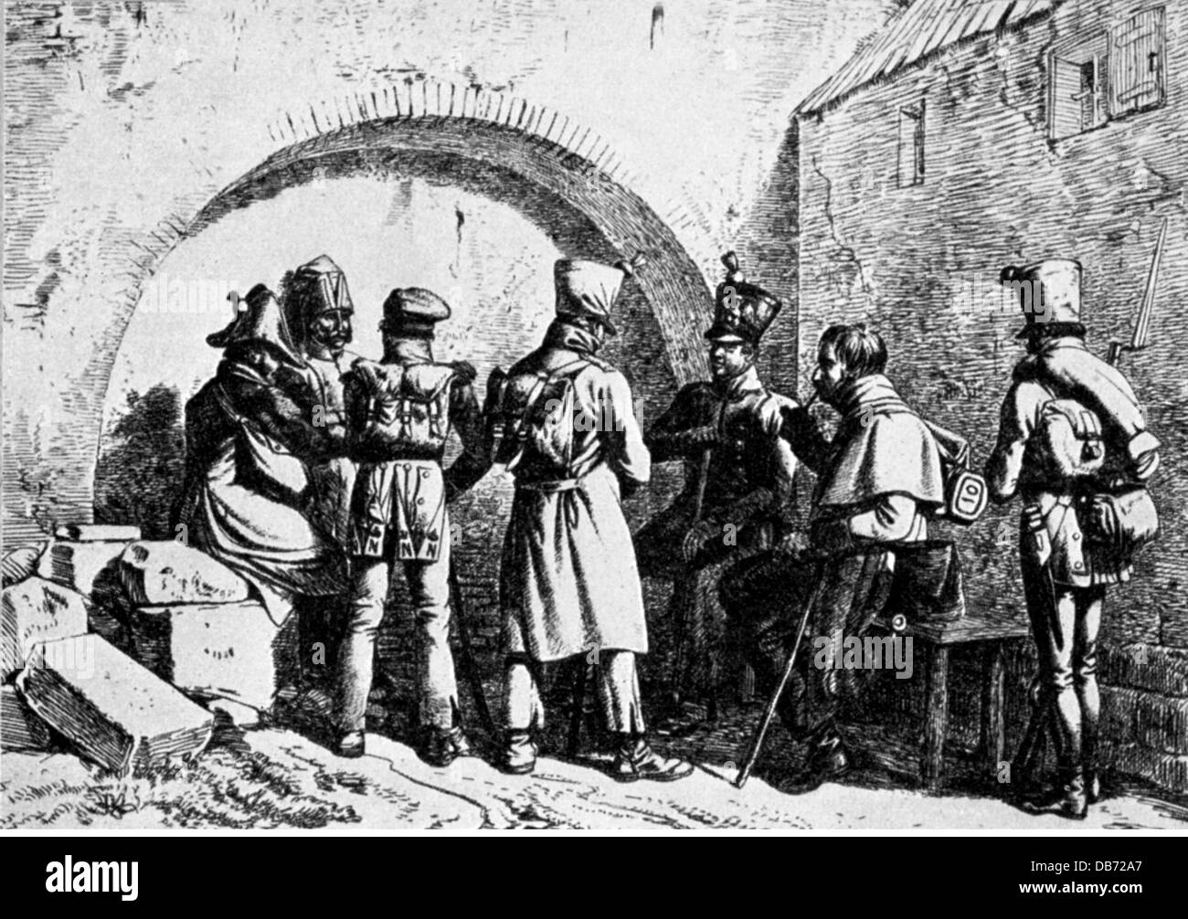 events, War of the Sixth Coalition 1812 - 1814, French soldiers as prisoners of war, after etching by Adam Klein, 1814, captives, pows, Napoleonic Wars, Germany, France, 19th century, historic, historical, people, Additional-Rights-Clearences-Not Available Stock Photo