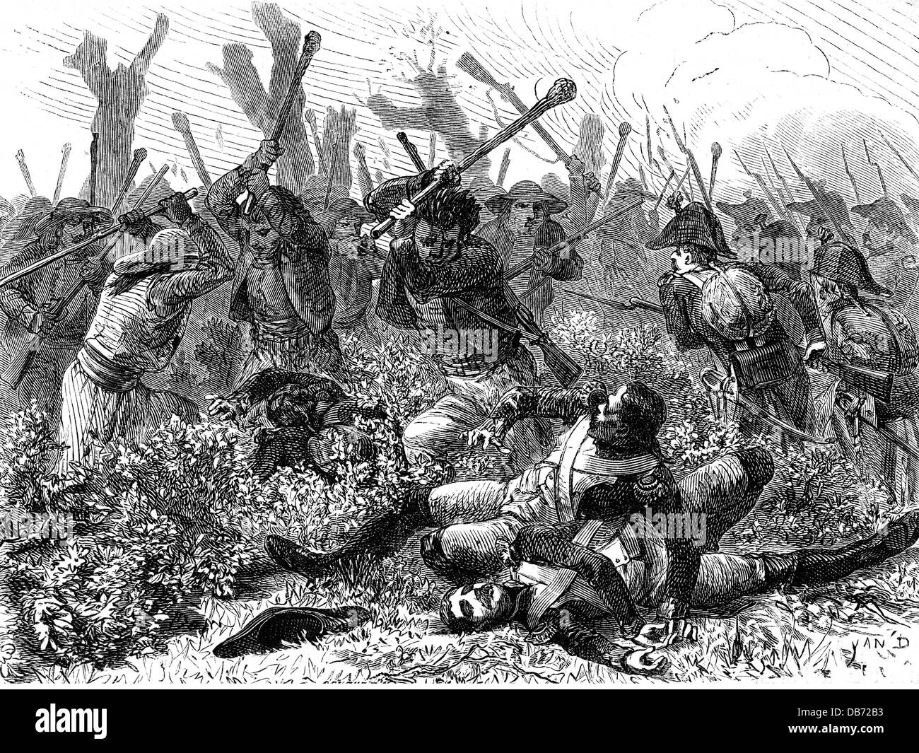 events, War in the Vendée 1793 - 1796, Battle of Cholet, 17.10.1793, fight between Republican troops and insurgents, 1793, wood engraving, 19th century, uprising, insurrection, military, Republic, royalists, Vendee, soldiers, battle, French revolution, 18th century, historic, historical, people, Additional-Rights-Clearences-Not Available Stock Photo