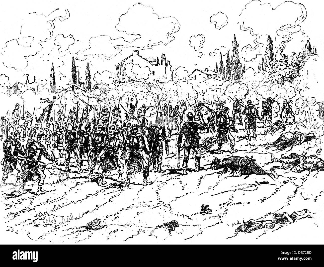events, Franco-Prussia War 1870 - 1871, Battle of Mars-la-Tour, 16.8.1870, the French II Army Corps attacking Vionville, wood engraving after drawing, 19th century, Franco - Prussian War, Mars la tour, soldiers, attack, charge, infantry, Champagne, France, historic, historical, people, Additional-Rights-Clearences-Not Available Stock Photo