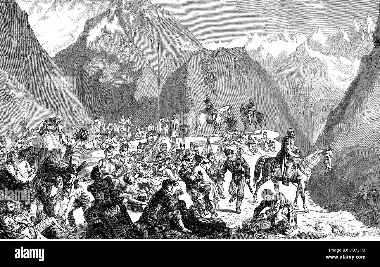 military, Switzerland, army, infantry, rest of Valais troops at the Furka, wood engraving, 2nd half 19th century, soldiers, soldier, Uri canton, Valais, mountains, mountain, Bernese Alps, Furka pass, equipment, equipments, military band, military music, musician, musicians, music, band, bands, maneuver, manoeuvre, exercise, exercises, Swiss Armed Forces, march, marches, halt, break, breaks, resting, rest, historic, historical, people, Additional-Rights-Clearences-Not Available Stock Photo