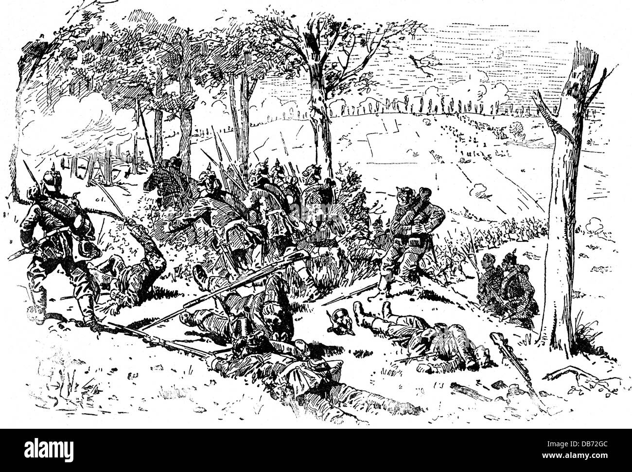 Franco-Prussian War 1870 - 1871, Battle of Colombey, 14.8.1870, attacking Prussian infantry, wood engraving, late 19th century, Prussian, Prussians, soldiers, soldier, charge, attack, attacks, touch, 1st army, Germans, German, Franco Prussian, war, wars, Colombey-Nouilly, Colombey - Nouilly, Lorraine, France, historic, historical, people, Additional-Rights-Clearences-Not Available Stock Photo