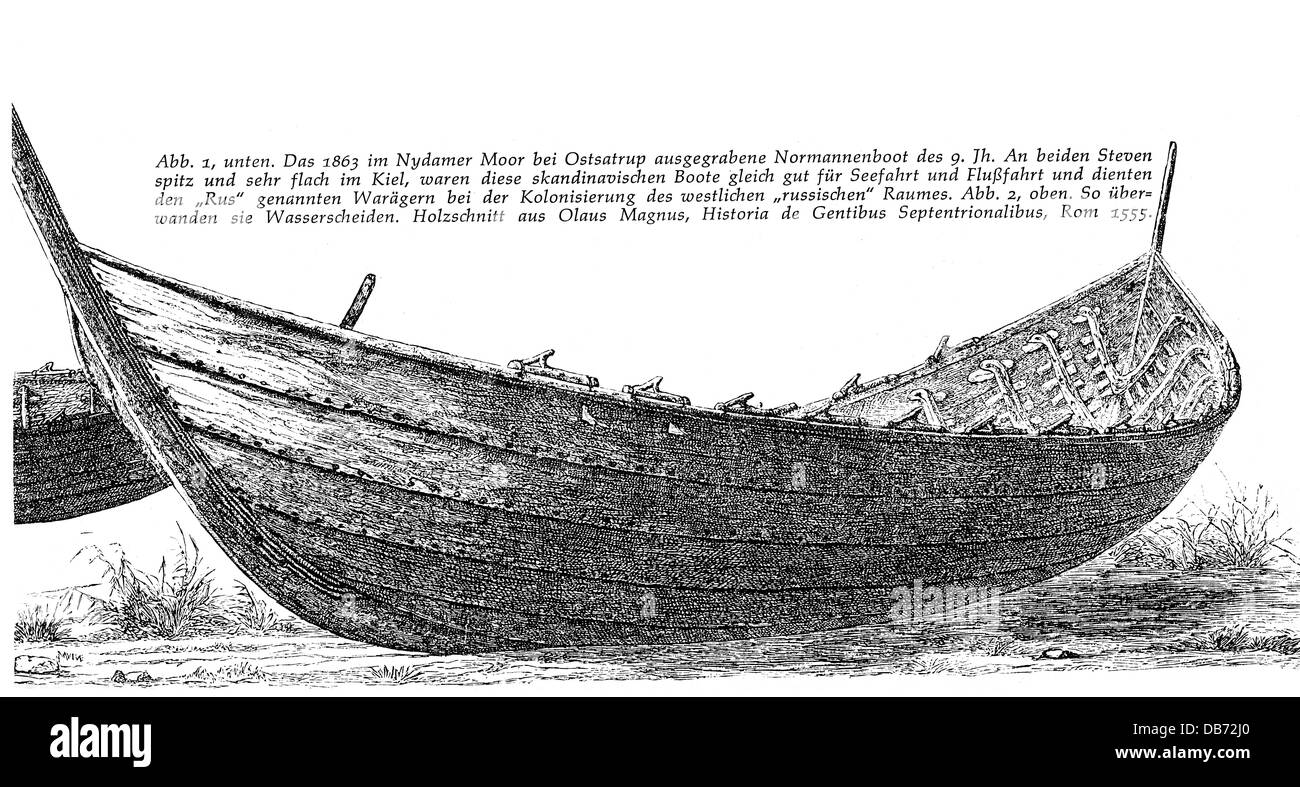 ancient world, Germanics, Nydam Ship, circa 320, found in the Nydam marsh, 1863, wood engraving, late 19th century, ships, sacrifices, sacrifice ship, warship, warships, navigation, historic, historical, ancient world, Additional-Rights-Clearences-Not Available Stock Photo