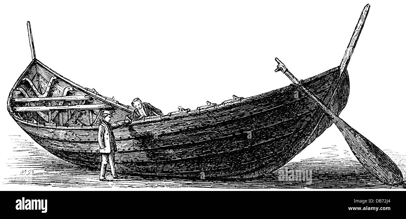 transport / transportation, navigation, warships, Nydam Ship, circa 320, found in the Nydam marsh, 1863, wood engraving, late 19th century, ships, sacrifices, sacrifice ship, warship, historic, historical, ancient world, Additional-Rights-Clearences-Not Available Stock Photo