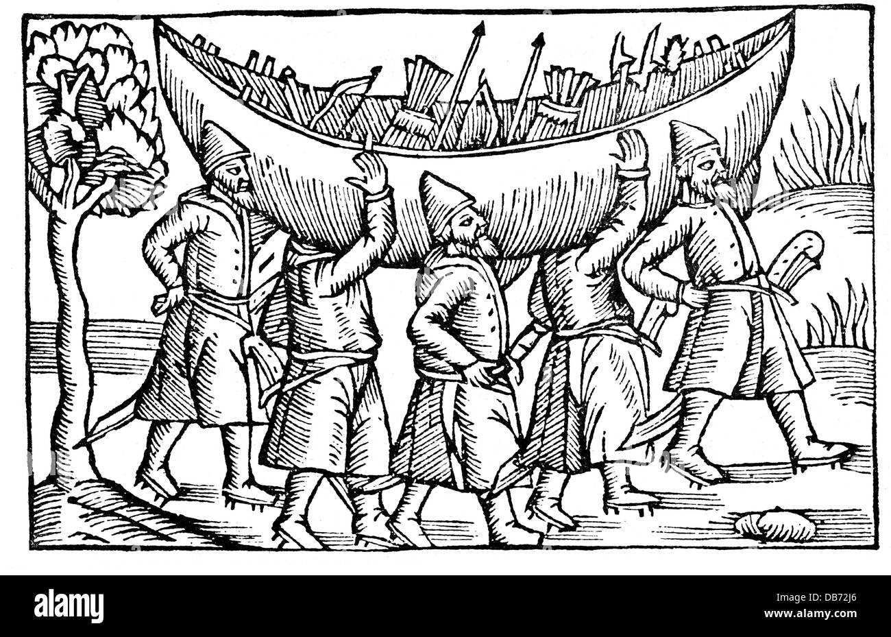 transport / transportation, navigation, boats, overland transport of a boat in Scandinavia, woodcut 'Historia de Gentibus Septentrionalibus' by Olaus Magnus, Rome, 1555, Additional-Rights-Clearences-Not Available Stock Photo