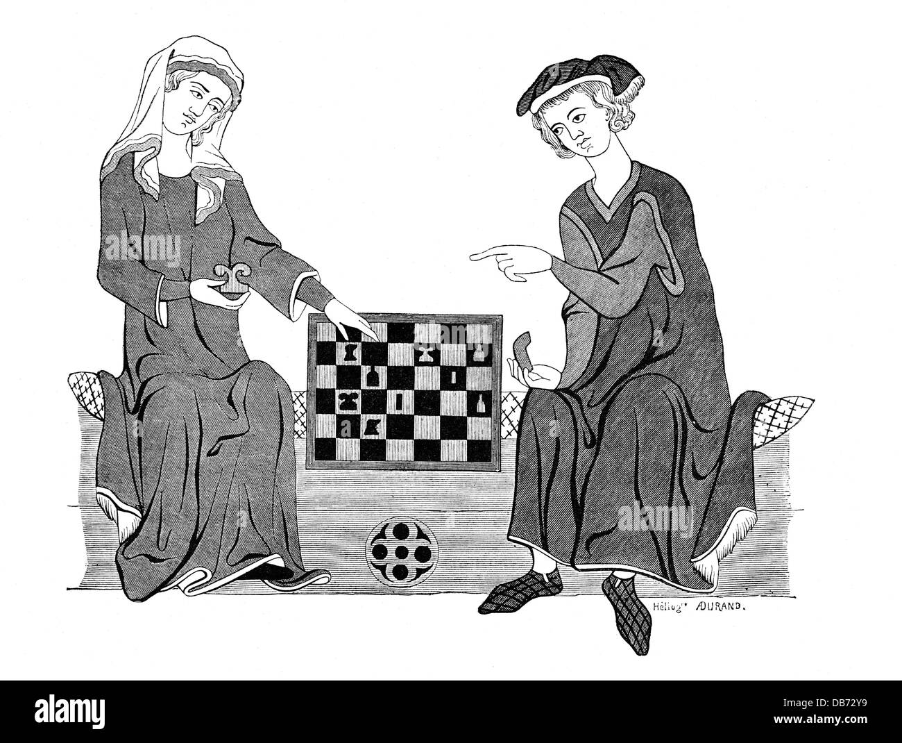game, chess, woman and man playing game of chess, after a miniature, 13th century, photoengraving, by A. Durand, Imperial library, Paris, Middle Ages, full length, sitting, sit, clothes, playing, play, board, boards, chessboard, chequerboard, tokens, meeples, chess piece, chessman, chess pieces, chessmen, photoengraving, photogravure, historic, historical, medieval, woman, women, female, people, men, male, Additional-Rights-Clearences-Not Available Stock Photo