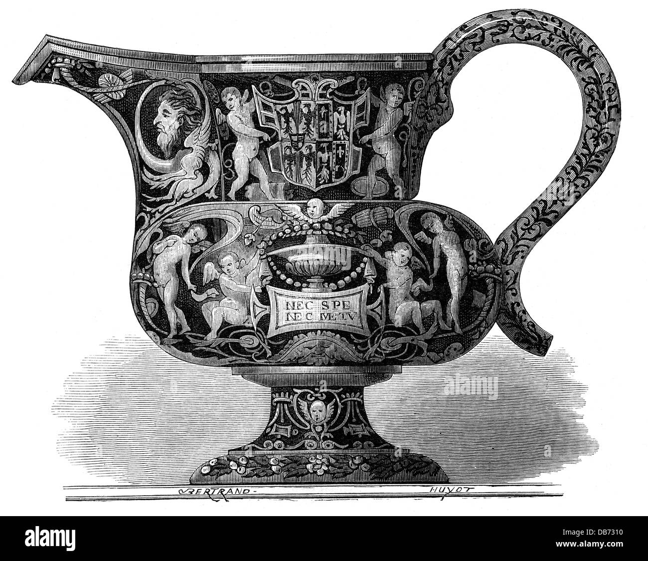 fine arts, handicrafts, vessel, tankard, faience, Italy, collection Alphonse de Rothschild, engraving, by Huyot, from: Carle Delange, C. Bornemann, 'collection of Italian faiences, of the 15th, 16th and 17th century, Paris, 1869, Additional-Rights-Clearences-Not Available Stock Photo