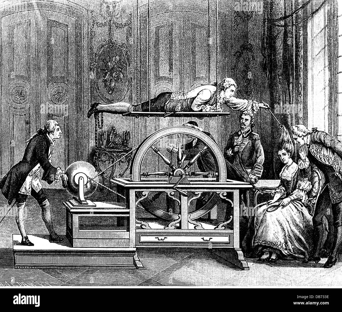 energy, electricity, experiment to generate electricity by rubbing, early 18th century, wood engraving, after engraving, 19th century, 18th century, 19th century, apparatus, apparatuses, device, devices, frictional electricity, triboelectrical effect, experiment, experiments, test, tests, lying, movement, movements, wheel, wheels, electrify, electrifying, electrification, electrifications, hair, historic, historical, man, men, male, woman, women, female, people, Additional-Rights-Clearences-Not Available Stock Photo