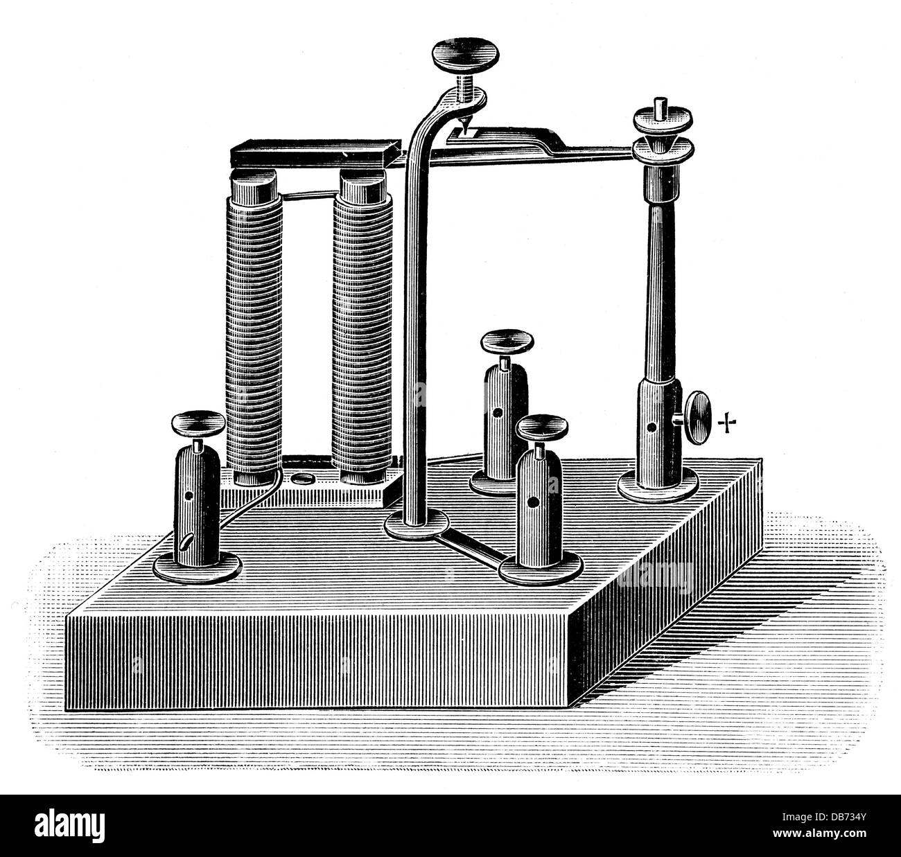 energy, electricity, Wagner's hammer, invented by Johann Philipp Wagner (1799 - 1879), wood engraving, late 19th century, 19th century, machine, machines, invention, inventions, electric power, magnetism, magnet, magnets, electromagnet, electromagnets, breaker, contact breaker, interrupter, interrupters, electromechanics, Rheotom, bell, bells, electrical bell, historic, historical, Additional-Rights-Clearences-Not Available Stock Photo
