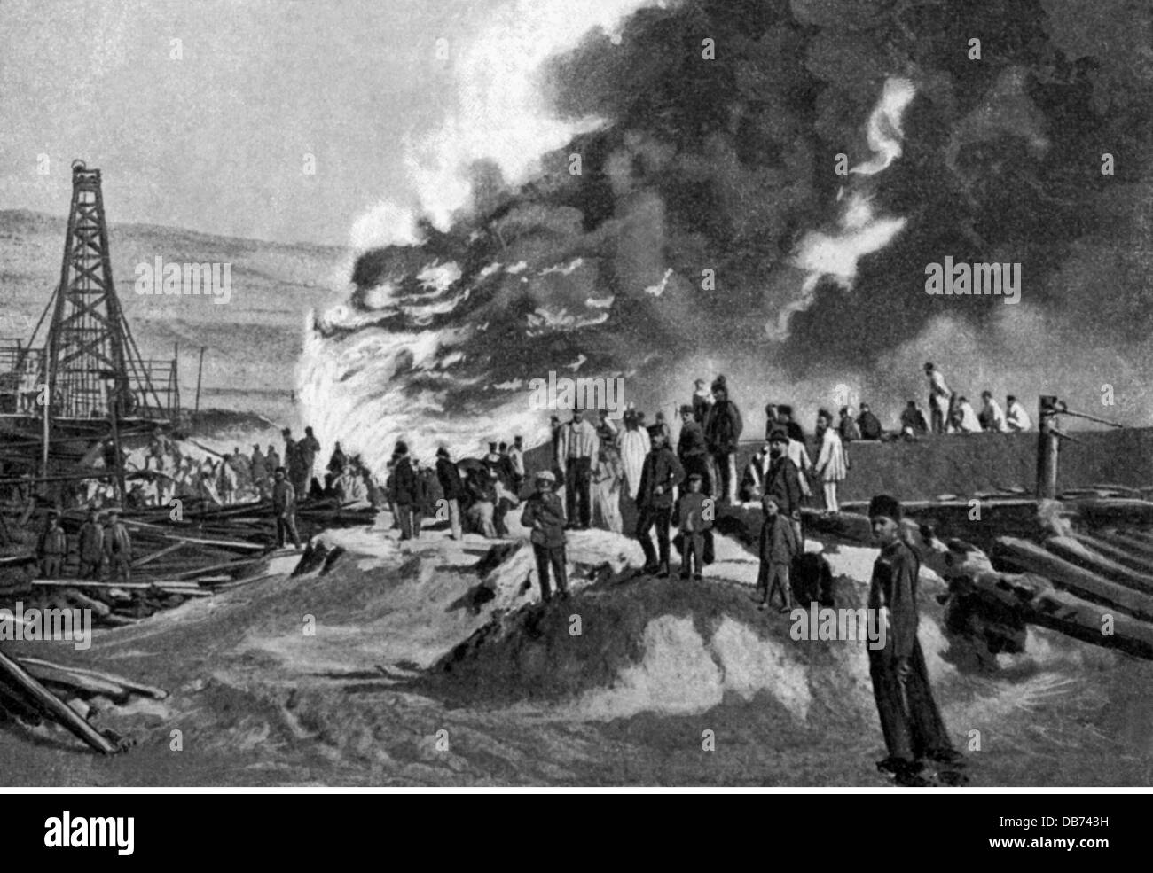 energy,petroleum,oil well burning,Baku,after a photograph,late 19th century,19th century,Russia,Azerbaijan,drilling derrick,wellhead,boring tower,boring trestle,drill tower,drill rig,drilling derricks,wellheads,boring towers,boring trestles,drill towers,drill rigs,oil extraction,oil production,crude oil,crude naphtha,raw oil,base oil,rock oil,crude petroleum,oil,resource,assign resources,raw material,raw materials,crude materials,accident,accidents,disaster,disasters,catastrophe,catastrophes,pressure,fire,fires,on fir,Additional-Rights-Clearences-Not Available Stock Photo