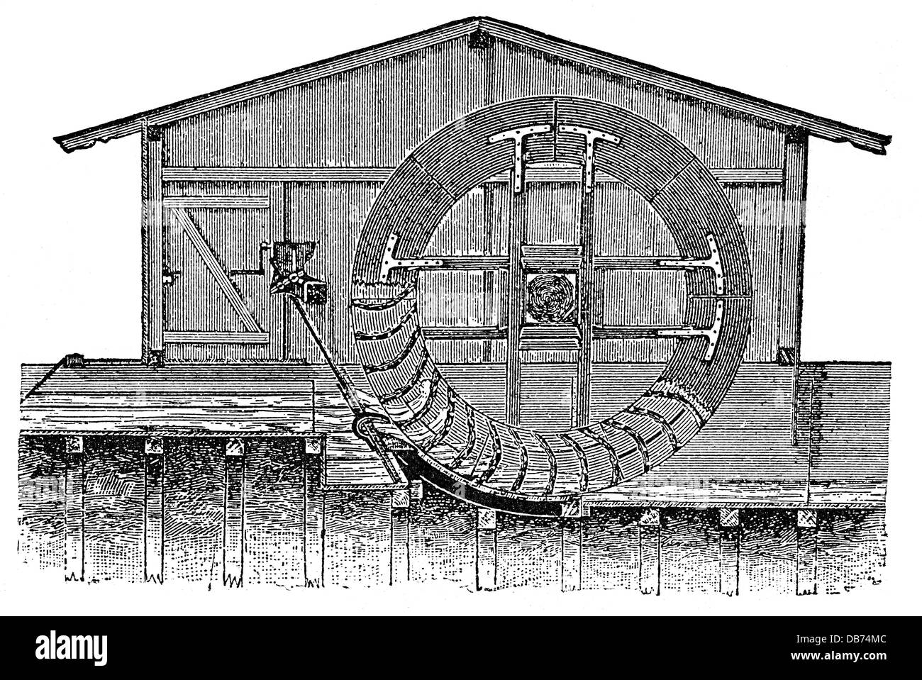 energy, water, water wheels, breastshot waterwheel, cross section, wood