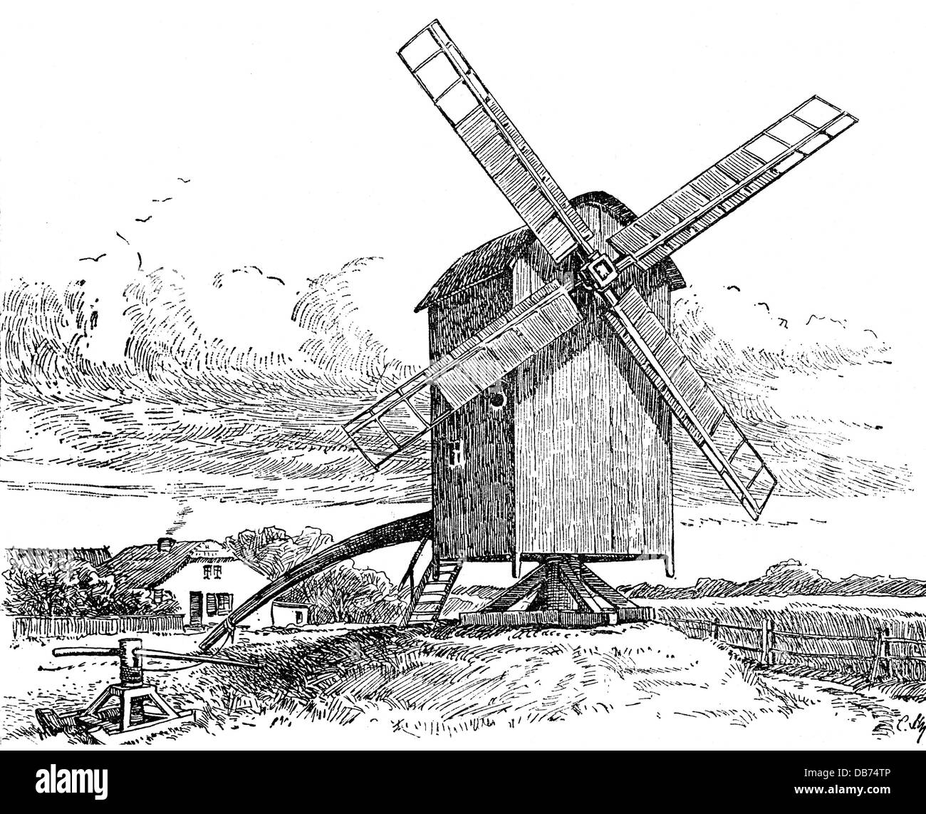 energy, wind, wind mills, wheel and axle with vertical axle, wood engraving, late 19th century, 19th century, technology, engineering, technologies, technics, impulsion, impulsions, driving power, motive power, power generation, wind energy, wind power, power transmission, power take-off unit, power transmissions, power take-off units, horse-capstan, horse-gin, horse whim, horse-capstans, horse-gins, horse whims, axle, axles, wind wheel, wind wheels, historic, historical, Additional-Rights-Clearences-Not Available Stock Photo