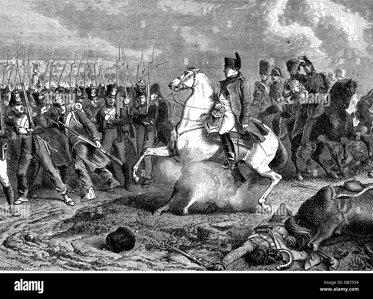 War of the Sixth Coalition 1812 - 1814, Battle of Arcis-sur-Aube, 20. - 21.3.1814, shell explodes under the horse of emperor Napoleon I, wood engraving, 2nd half 19th century, Bonaparte, soldiers, soldier, campaign, campaigns, France, Napoleonic wars, war, wars, 6th, sixth, Arcis sur Aube, Champagne, historic, historical, people, Additional-Rights-Clearences-Not Available Stock Photo