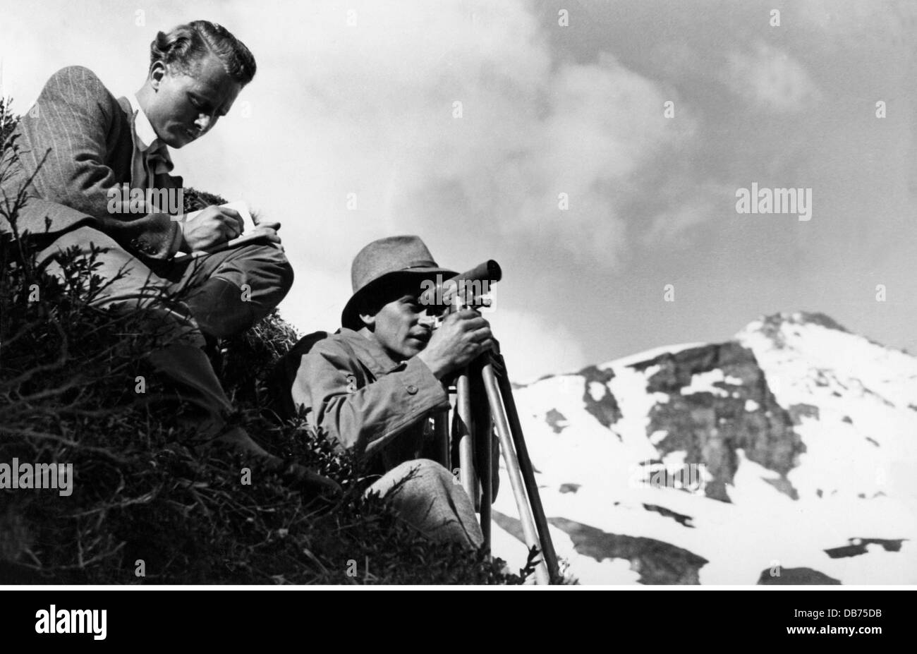 energy, water, Kaprun power station construction site, engineers doing topographical surveys at the Moserboden, Austria, circa 1950, Additional-Rights-Clearences-Not Available Stock Photo