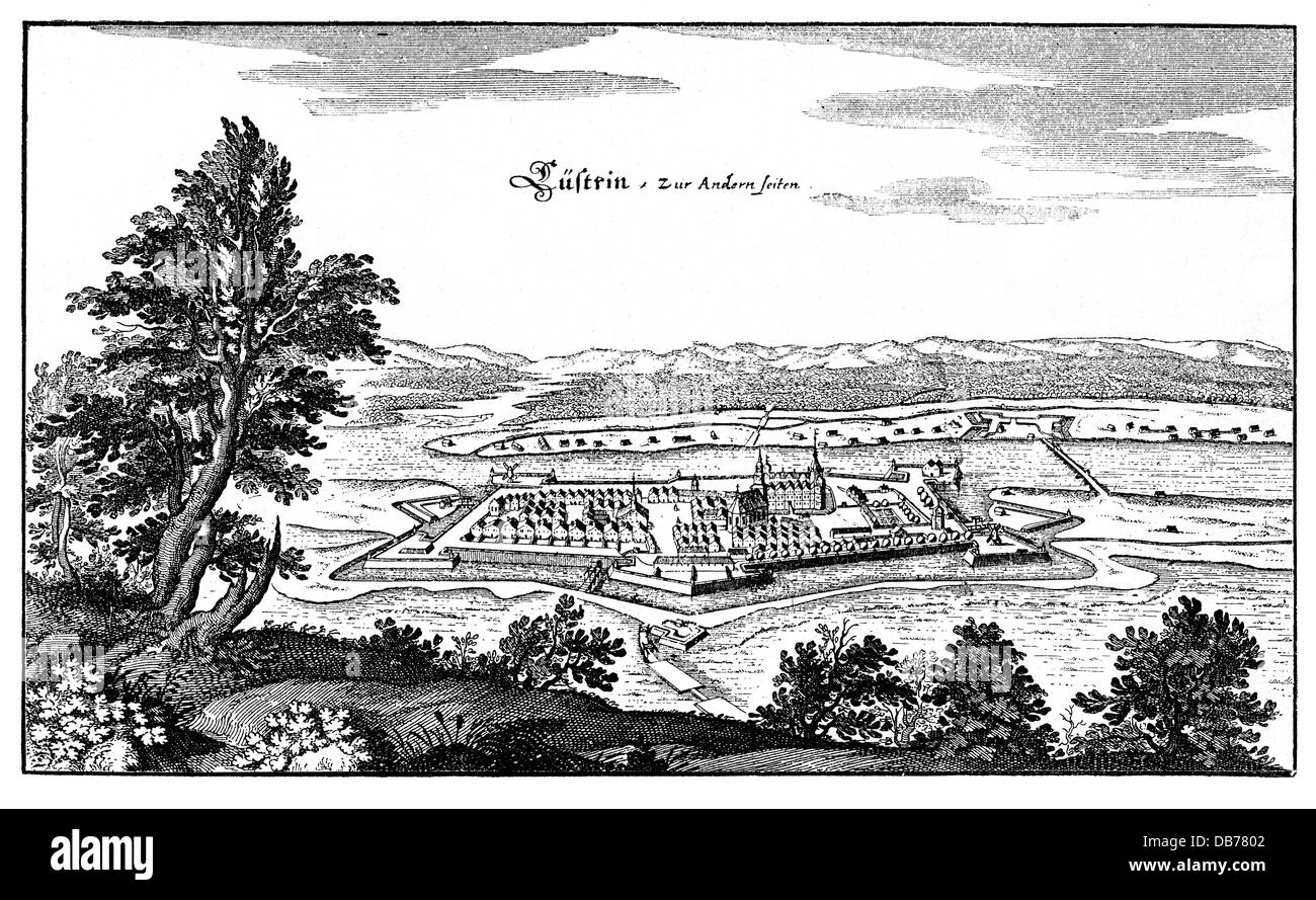 geography / travel, Poland, Kostrzyn nad Odra (Kuestrin), fortress, view, copper engraving, 17th century, Cuestrin, electorate Brandenburg, Neumark, military, rivers, River Oder, Germany, Europe, Central Europe, historic, historical, Kustrin, Custrin, Küstrin, Cüstrin, Artist's Copyright has not to be cleared Stock Photo