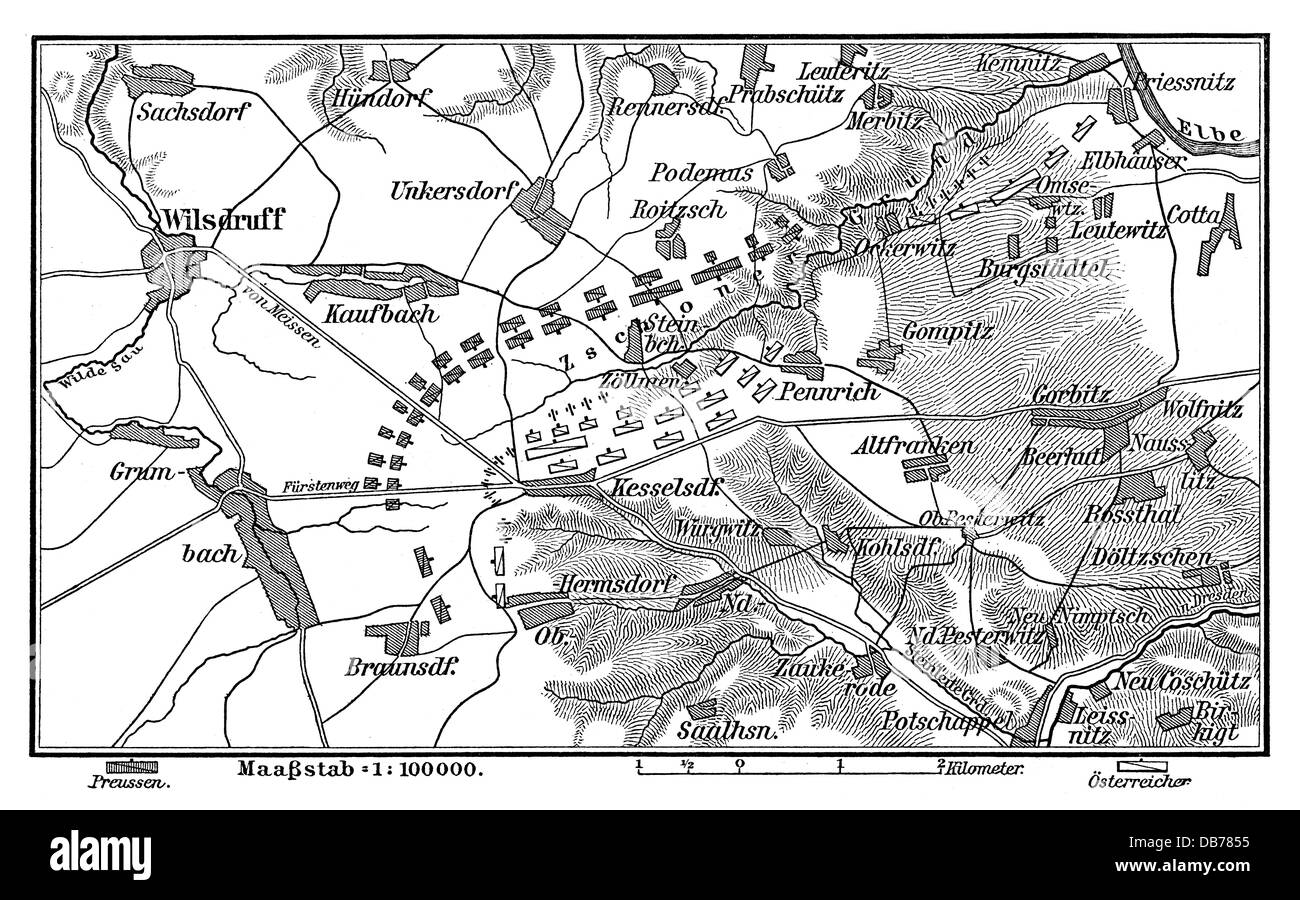 War of the Austrian Succession 1740 - 1748, Battle of Kesselsdorf, 15.12.1745, map, wood engraving, late 19th century, Second Silesian War, Prussia, Prussians, Saxony, Saxons, Austria, Austrians, 18th century, historic, historical, Additional-Rights-Clearences-Not Available Stock Photo