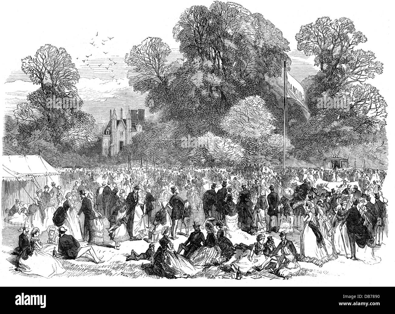 festivity, charity balls, festival of the Great Western Railway Widows' and Orphans' Fund, Beckett Park, Shrivenham, wood engraving, Illustrated London News, 16.7.1870, Additional-Rights-Clearences-Not Available Stock Photo