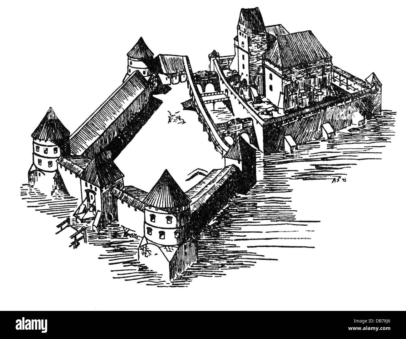 geography / travel, Lithuania, Trakai, castles, island castle, view, 15th century, reconstruction, drawing, 19th century, castle, castles, architecture, Middle Ages, Principality of Lithuania, Baltics, Baltic area, Baltic states, Baltic countries, Central Europe, Europe, historic, historical, medieval, Additional-Rights-Clearences-Not Available Stock Photo