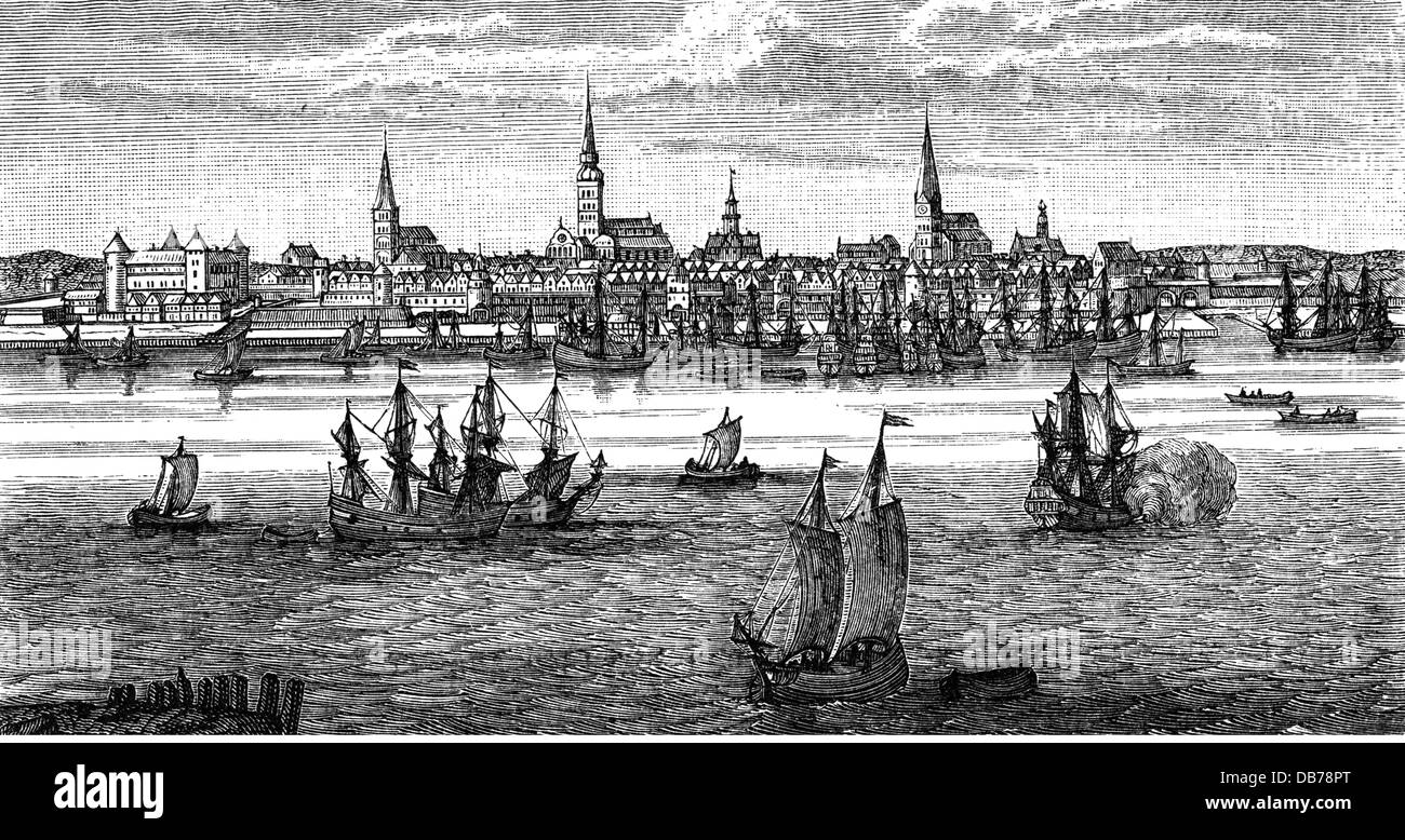 geography / travel, Latvia, Riga, harbour, view, copper engraving, early 18th century, Baltic Sea, Baltics, Baltic area, Baltic states, Baltic countries, Kingdom of Sweden, Europe, Central Europe, historic, historical, people, Artist's Copyright has not to be cleared Stock Photo