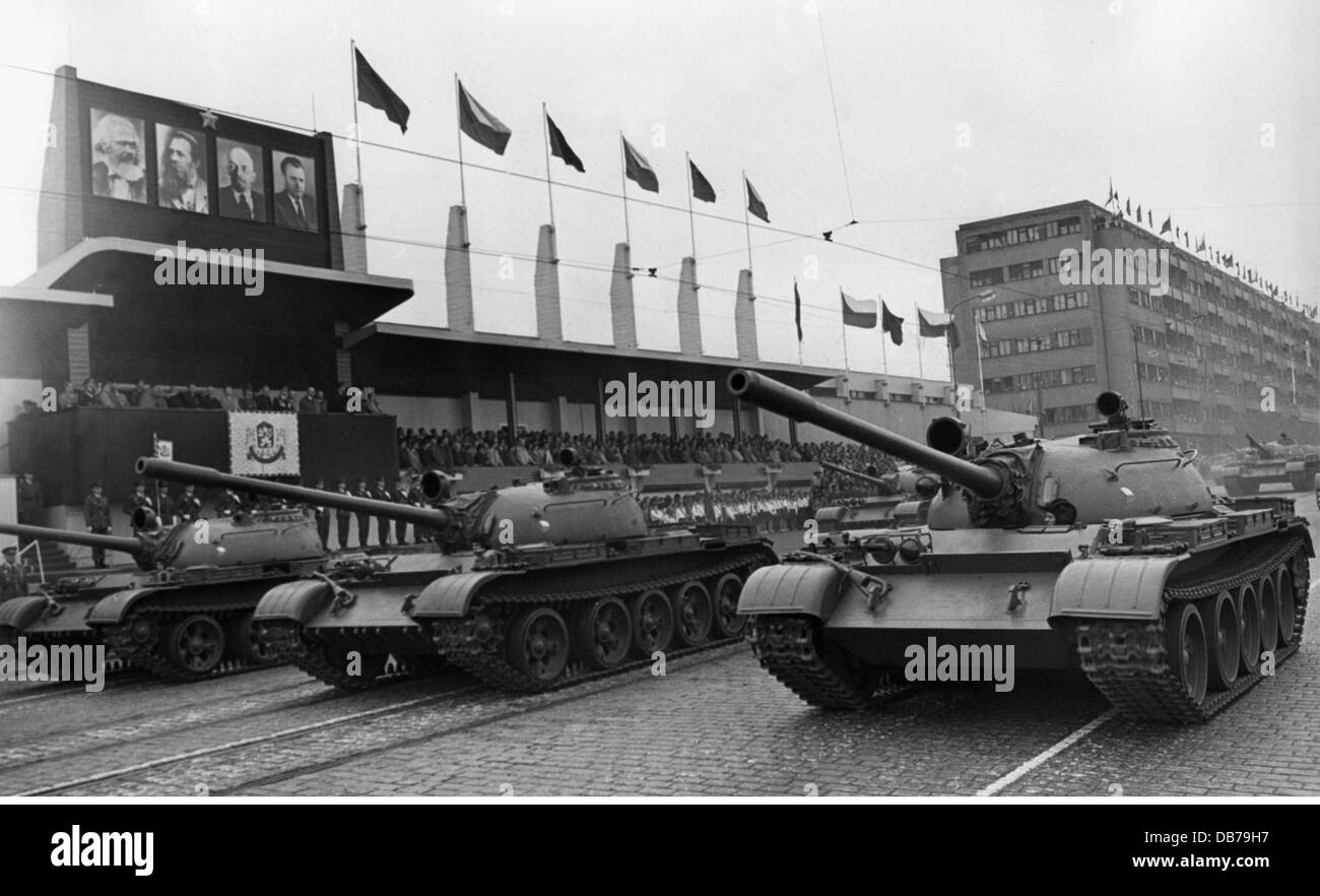 military, Czechoslovakia, army, armoured corps, Soviet T-55 combat tanks, Victory Day parade, Prague, 9.5.1965, Additional-Rights-Clearences-Not Available Stock Photo