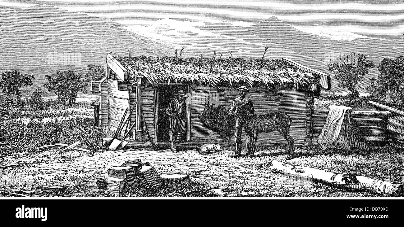 geography / travel, USA, people, settler, farmer in the prairie, Wyoming territory, wood engraving, late 19th century, farm, farms, colonization, colonisation, conquest of the west, Wild West, shack, shacks, hut, huts, historic, historical, Additional-Rights-Clearences-Not Available Stock Photo