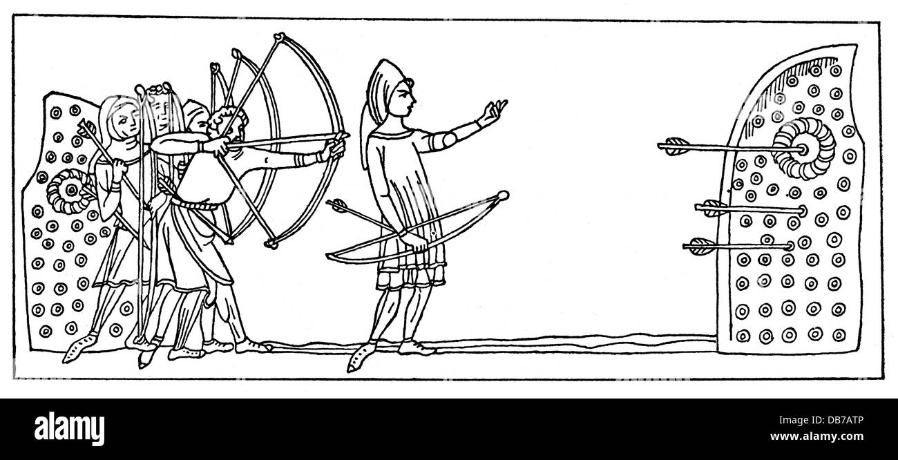 sports, archery, English archers exercising, after miniature, circa 14th century, archer, bowmen, weapon, weapons, arms, arrow, arrows, bow, bows, target, targets, exercise, exercises, training, military, shooting, shoot, shot, Middle Ages, England, historic, historical, medieval, men, man, male, people, Additional-Rights-Clearences-Not Available Stock Photo