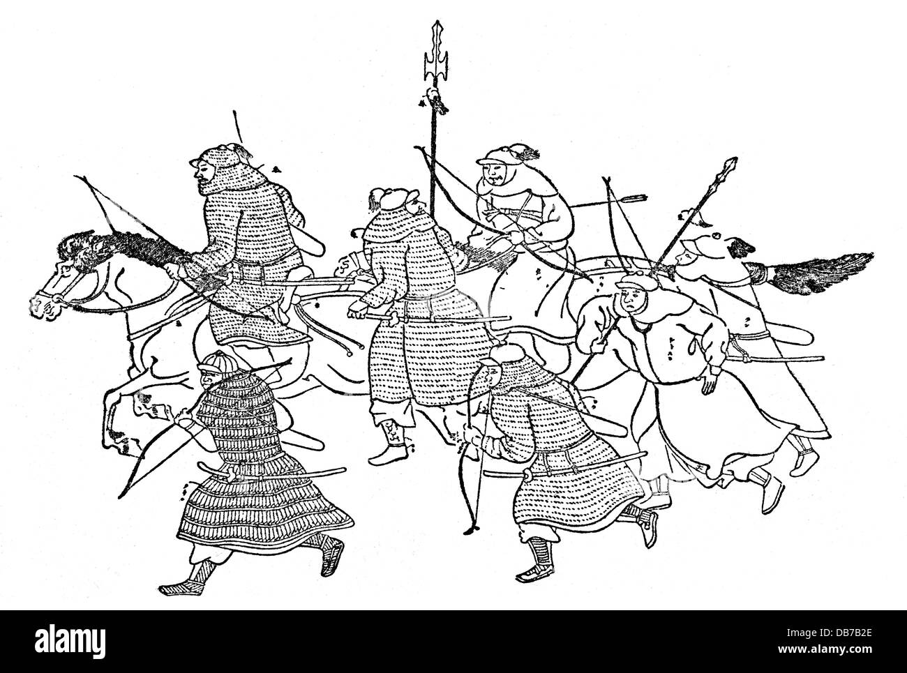 Mongol Invasions in Japan 1274 - 1281, attacking Mongolian warriors, drawing, after 'Moko Shurai Ekotoba',between 1275 and 1293, Additional-Rights-Clearences-Not Available Stock Photo