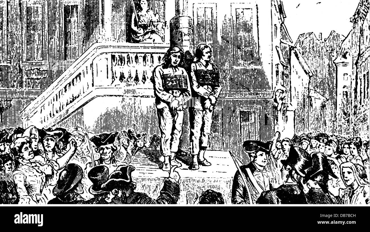 French Revolution 1789 - 1799, Jacobins at pillory, 1794, wood engraving, 19th century, punishment, punishments, justice, disgrace, disgraced, France, politics, policy, 18th century, historic, historical, people, Additional-Rights-Clearences-Not Available Stock Photo