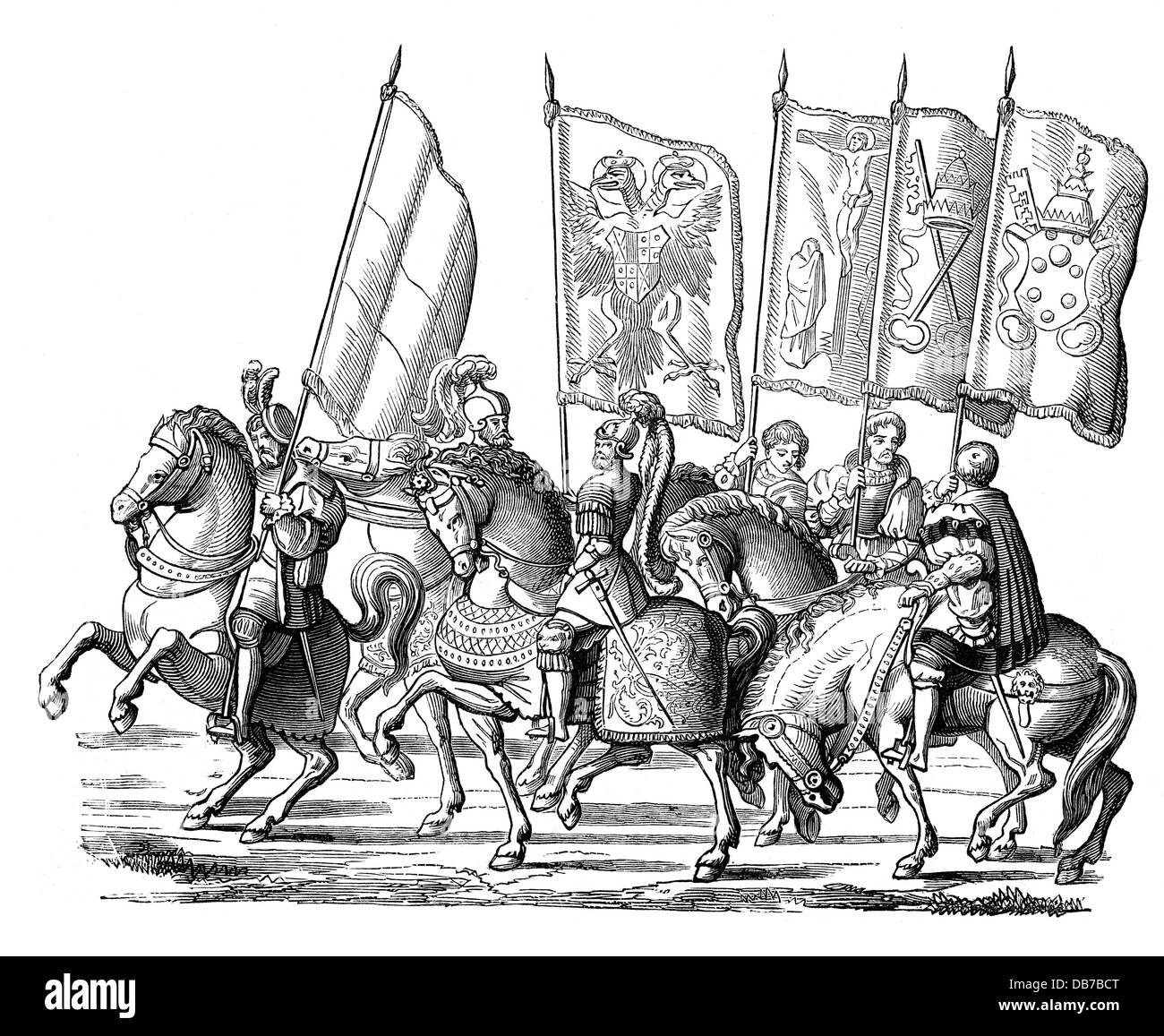 War of the League of Cognac 1526 - 1530, coronation of Charles V to the Roman Emperor and King of Italy, 1530, standard bearers of Charles and of the church during entry in Bologna, after contemporary fresco of Domenico Brusasorci, wood engraving, 19th century, flag, flags, banner, banners, standard-bearer, standard-bearers, Holy Roman Empire, Papal States, Pope Clement VII, politics, policy, coat of arms, Habsburg, Medici, Spain, Austria, Italy, 16th century, historic, historical, people, Additional-Rights-Clearences-Not Available Stock Photo