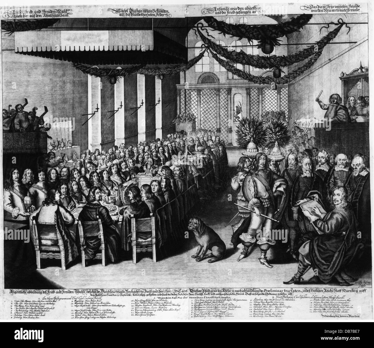 Thirty Years War 1618 - 1648, peace dinner of the elector Karl Gustav of the Palatinate at the Nuremberg city hall, 25.9.1649, copper engraving, by Wolfgang Kilian (1581 - 1663), 1651, 17th century, graphic, graphics, Germany, Nuremberg, celebration, banquet meal, banquets, celebratory banquet, hall, halls, dinner table, dinner tables, chairs, chair, sitting, sit, dinner, eating, eat, standing, drawer, drawers, drawing, sketching, draw, sketch, artist, artists, dog, dogs, ceremony, ceremonies, quietude, peace and quiet, conclusion of peace, peace agree, Artist's Copyright has not to be cleared Stock Photo