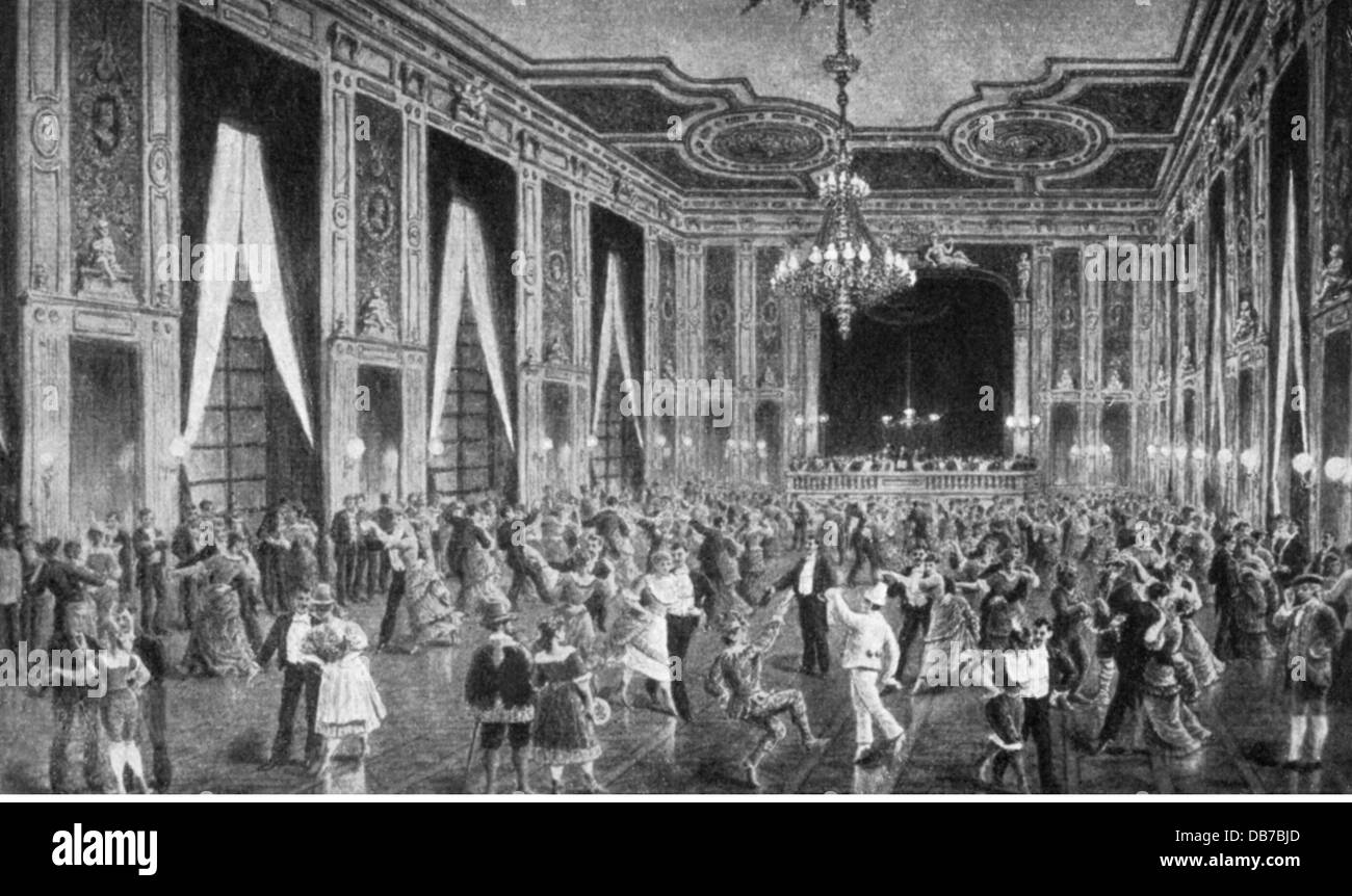 festivities, fancy-dress ball, fancy-dress ball in Schwenders Colosseum, Vienna, after drawing, by Gustav Zafaurek (1841 - 1908), wood engraving, late 19th century, 19th century, turn of the century, graphic, graphics, Austria - Hungary, Austria-Hungary, Vienna, ballroom building, ball room, ballroom, ball rooms, ballrooms, ball, balls, gala, celebration, celebrating, celebrate, historical costumes, costume, costumes, costuming, dancer, dancers, dances, dance, dancing, dance hall, dance halls, historic, historical, people, crowd, crowds, Additional-Rights-Clearences-Not Available Stock Photo