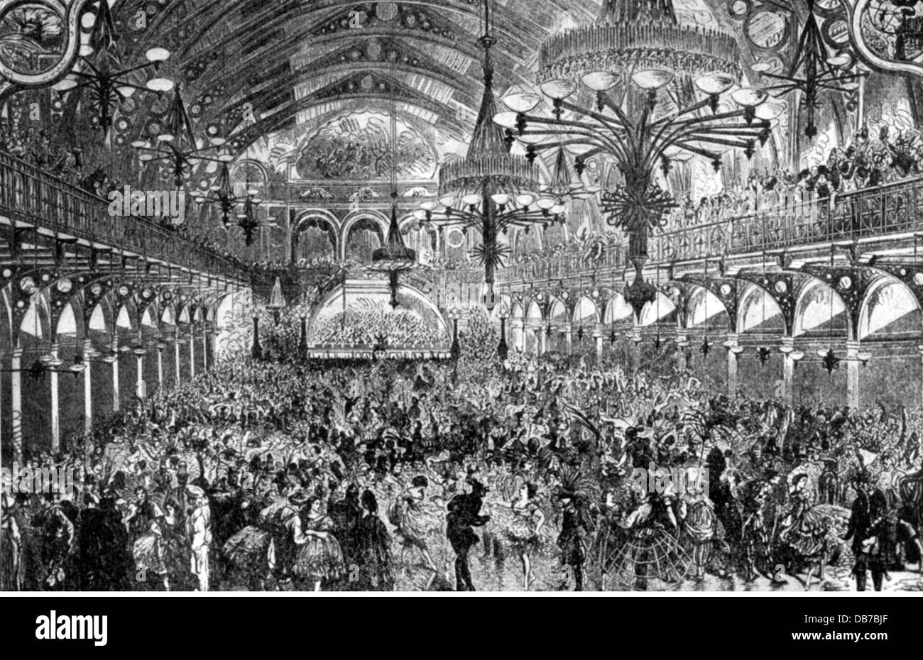 festivities, fancy-dress ball, fancy-dress ball at the Dianabad converted into ball room, wood engraving, circa 1850, Additional-Rights-Clearences-Not Available Stock Photo