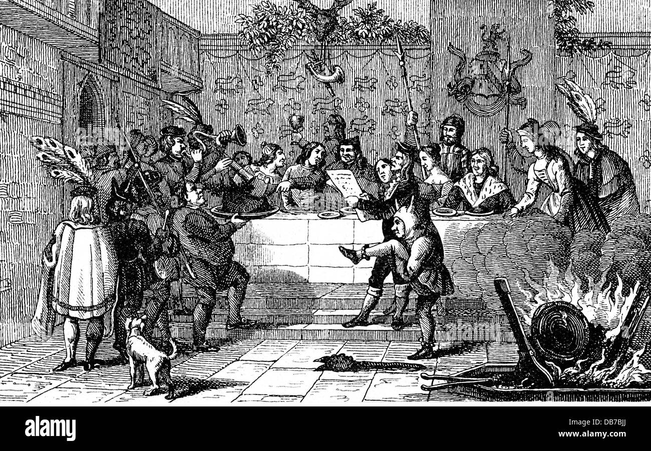 festivities,shrovetide,celebration in medieval times,wood engraving