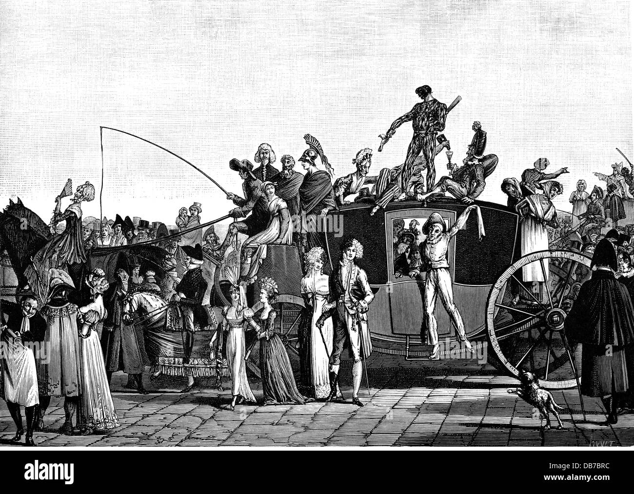 festivities, carnival, French carnival, engraving, by Louis Philibert Debucourt (1755 - 1832), 1810, from: Paul Lacroix, French Directory, Consulate and Empire 1795 - 1815, Leipzig, , Additional-Rights-Clearences-Not Available Stock Photo