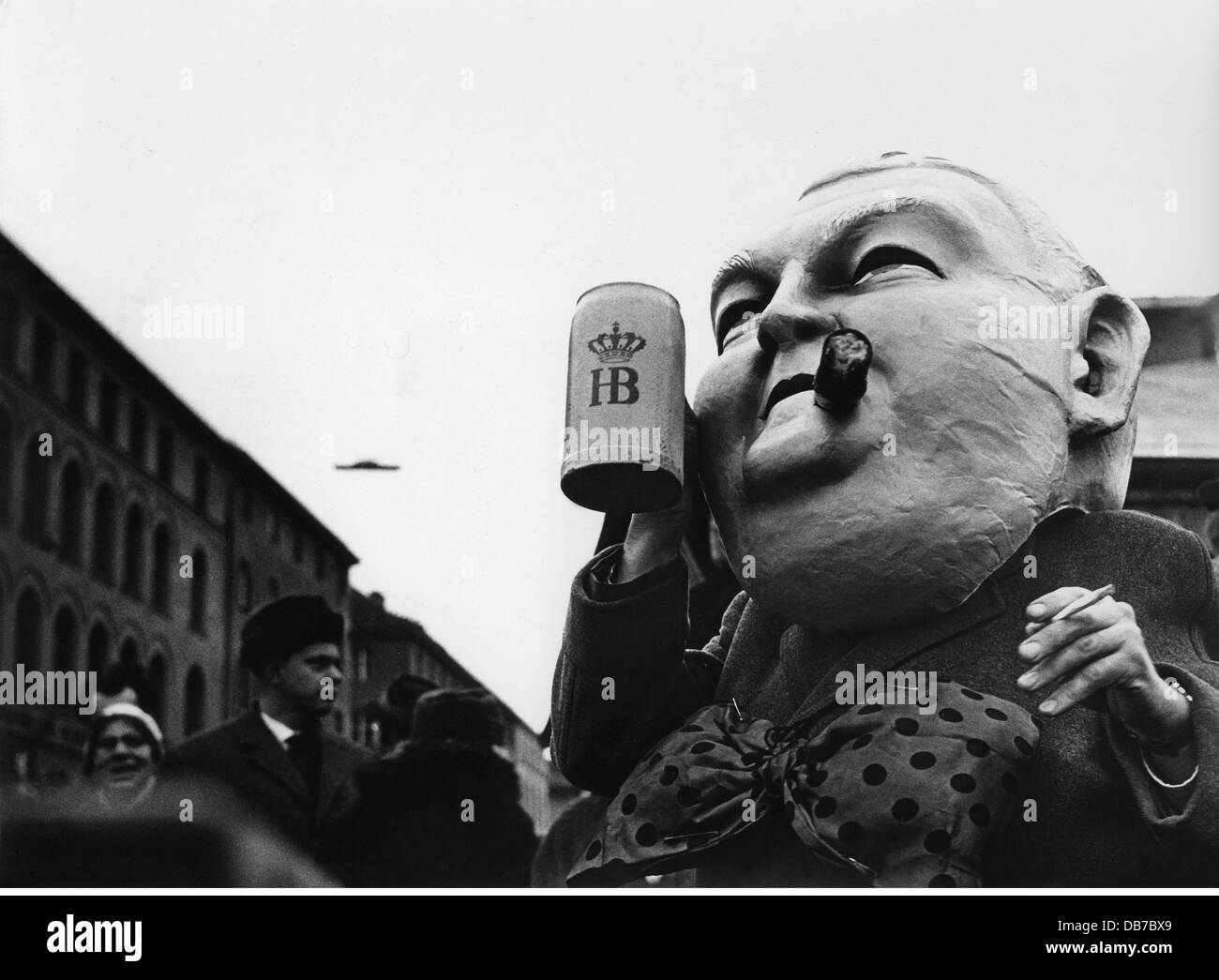 festivities, carnival, carnival reveller with beer mug and Ludwig Erhard mask, Munich, 1950s / 1960s, Additional-Rights-Clearences-Not Available Stock Photo