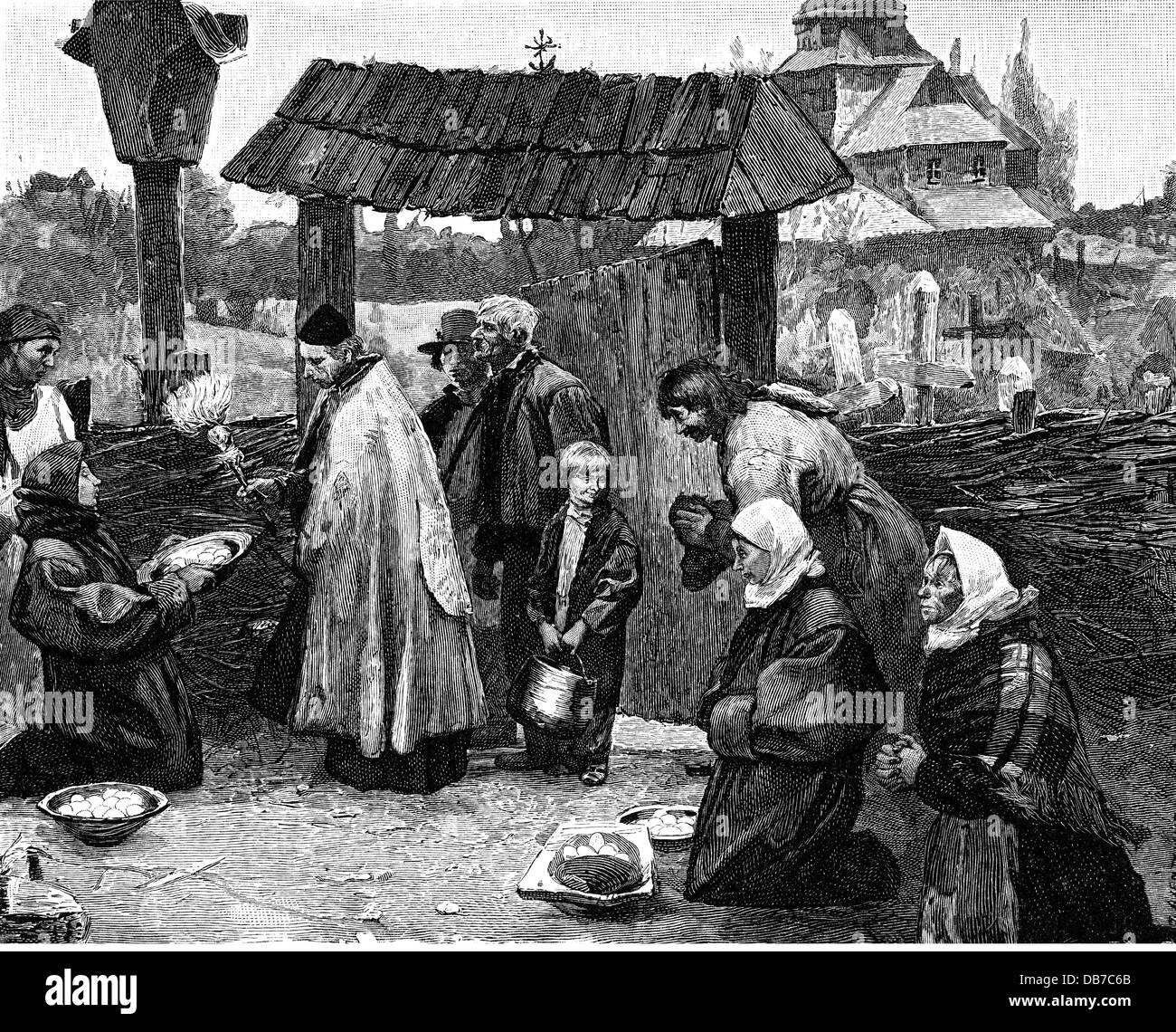 festivities, Easter, benediction of the Easter eggs near Chmelova, Eastern Galicia, after Teodor Axentowicz (1859 - 1938), wood engraving, circa 1900, Additional-Rights-Clearences-Not Available Stock Photo