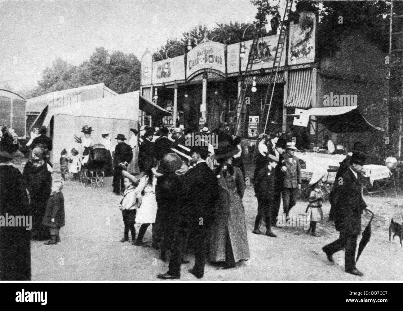 festivities, funfairs, fairground booth with 'Elektro-Biograph' a precursor of movie theatres, circa 1910, Additional-Rights-Clearences-Not Available Stock Photo