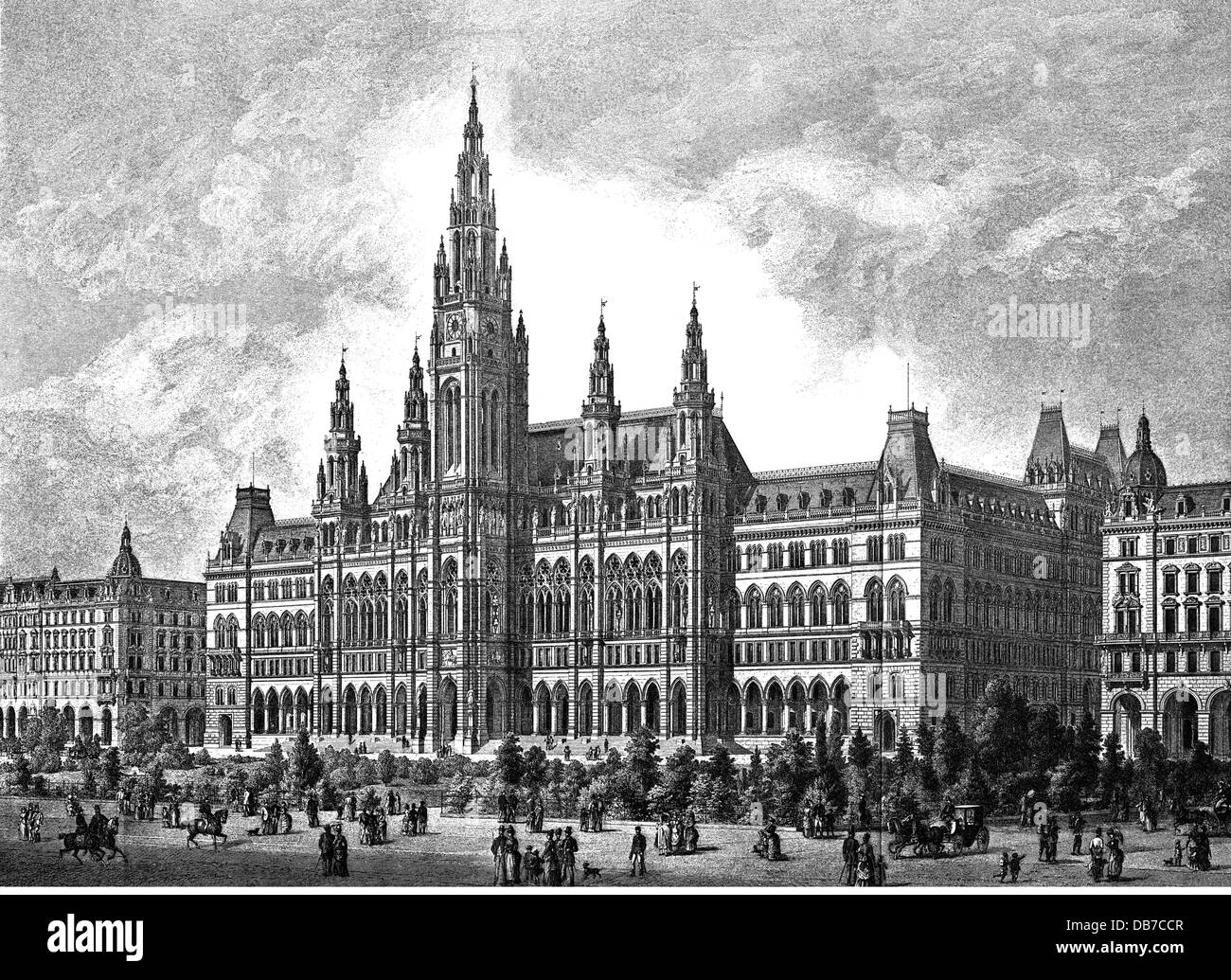 geography / travel, Austria, Vienna, building, New City Hall at Franzensring, built 1872 - 1883, architect: Friedrich von Schmidt, exterior view, wood engraving, circa 1885, architecture, neo-Gothic style, Gothic Revival, street, streets, Ringstrasse, Dr-Karl-Lueger-Ring, Dr - Karl - Lueger - Ring, people, transport, transportation, inner city, midtown, city centre, town centre, urban core, 1st district, Austria-Hungary, Austria - Hungary, Dual-Monarchy, Cisleithania, Central Europe, 19th century, historic, historical, Additional-Rights-Clearences-Not Available Stock Photo