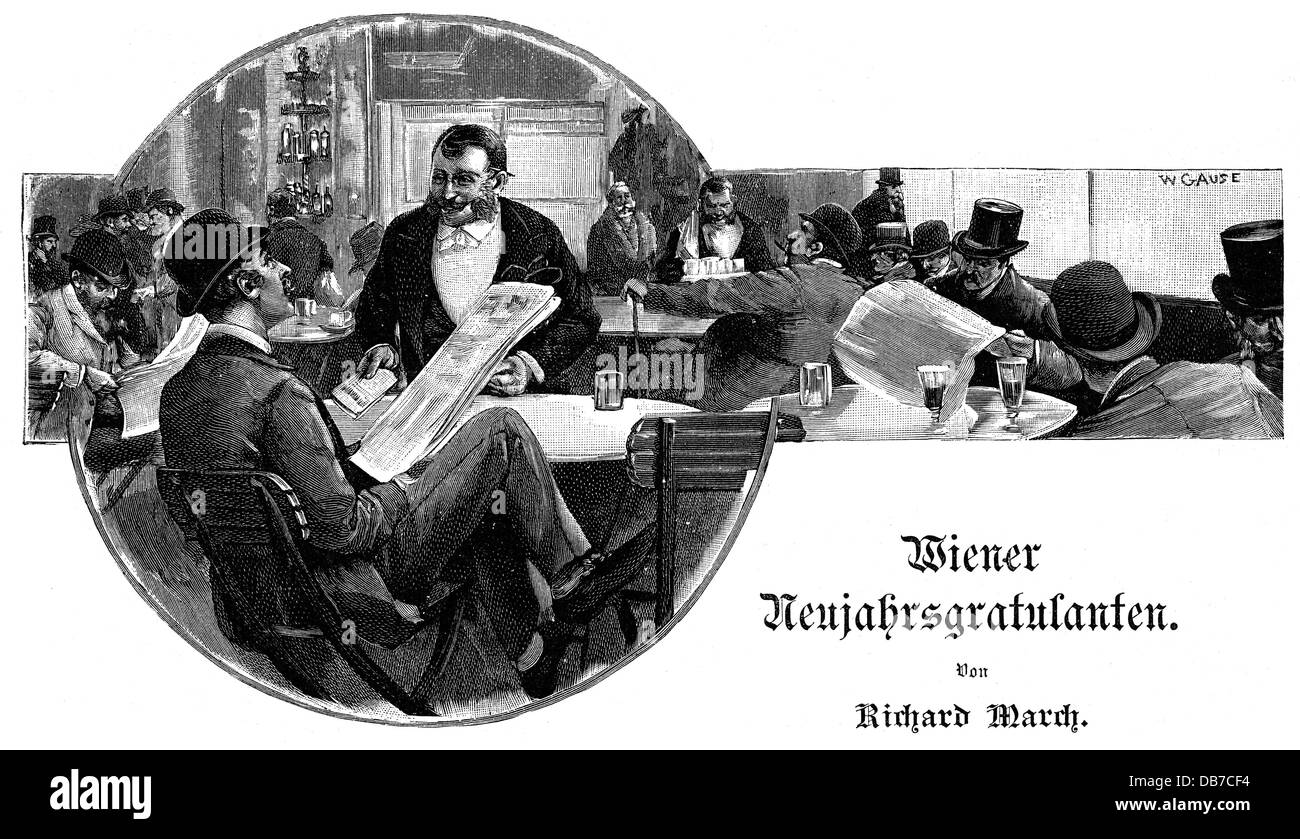 festivities,New Years Eve,congratulations for the New Year,waiter presenting calendar at coffeee house,wood engraving,by Wilhelm Gause(1853 - 1916),late 19th century,19th century,graphic,graphics,Austria-Hungary,Austria - Hungary,Vienna,good wishes,congratulations,congratulate,congratulating,felicitating,felicitate,coffeeehouse,coffee shop,coffeee bar,coffeeehouses,coffeee bars,cafe,cafes,half length,sitting,sit,table,tables,chair,chairs,guest,guests,hats,bowler hat,plug hat,newspaper,newspapers,reading,read,waiter,wa,Additional-Rights-Clearences-Not Available Stock Photo